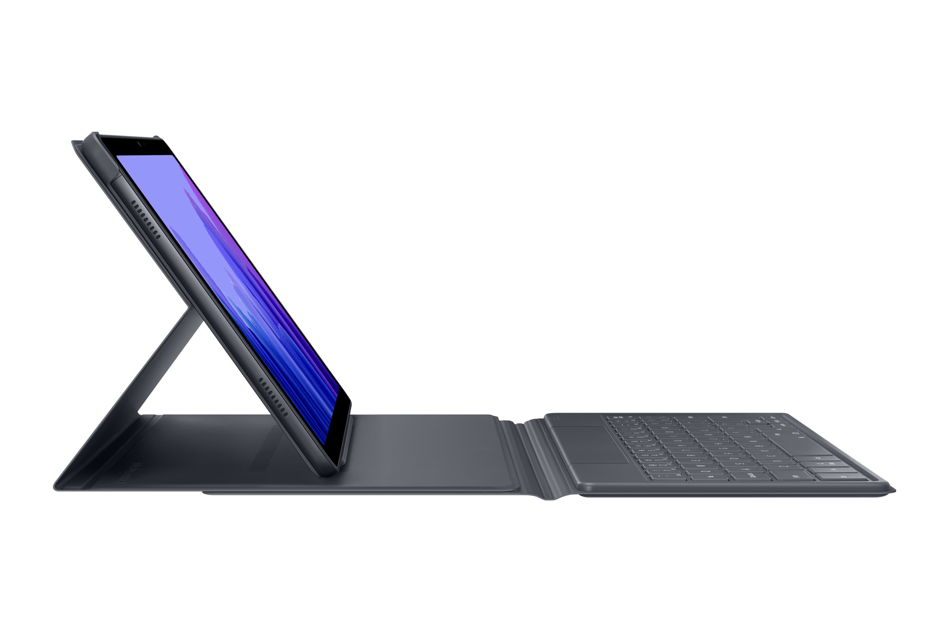 Ein Tablet mit Tastaturhülle wird schräg angezeigt. Der Tablet-Bildschirm zeigt einen blau-lila Farbverlauf.