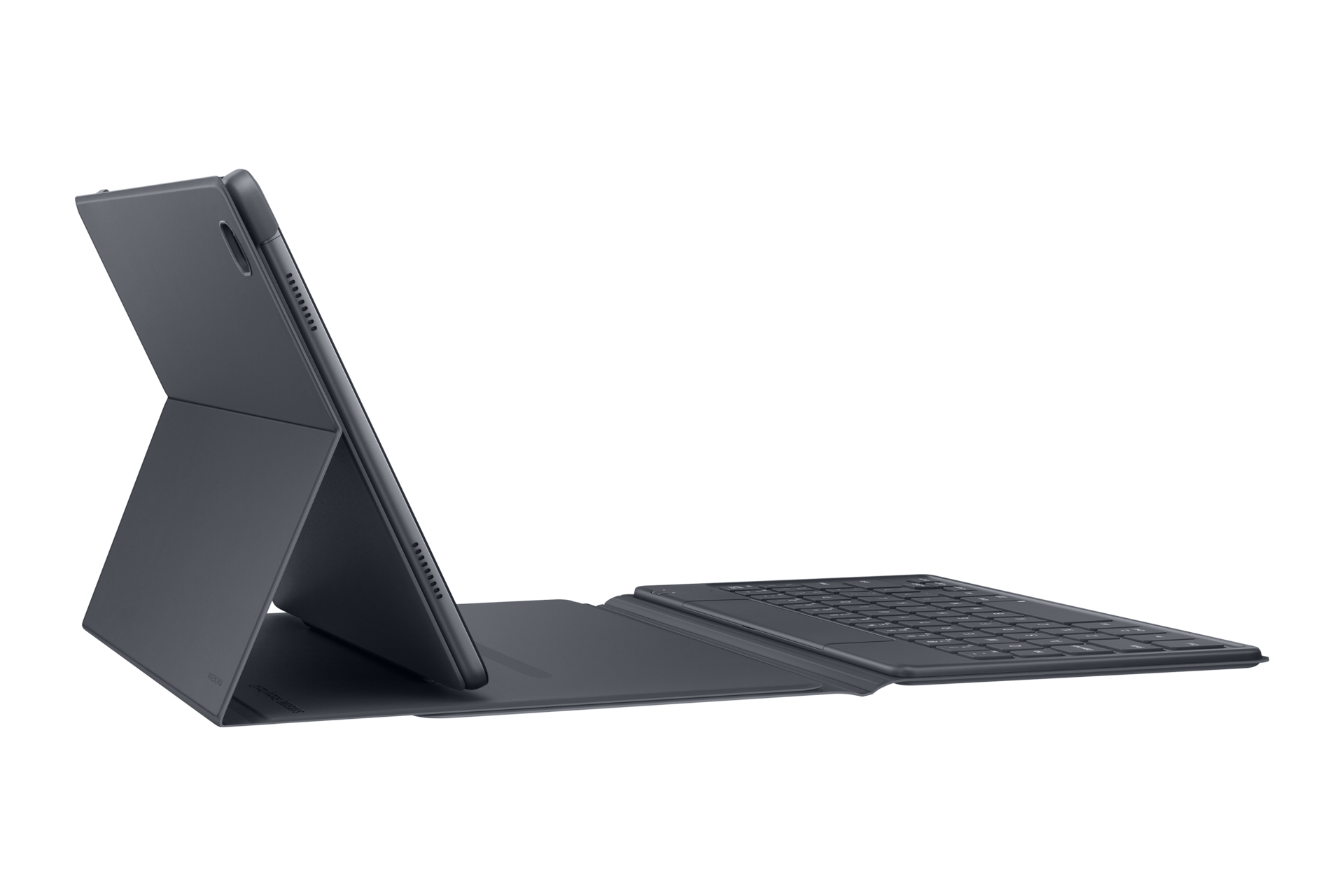 Ein dunkelgraues Tablet mit einer angeschlossenen Tastaturhülle wird vor einem schwarzen Hintergrund gezeigt. Das Tablet ist leicht geöffnet.