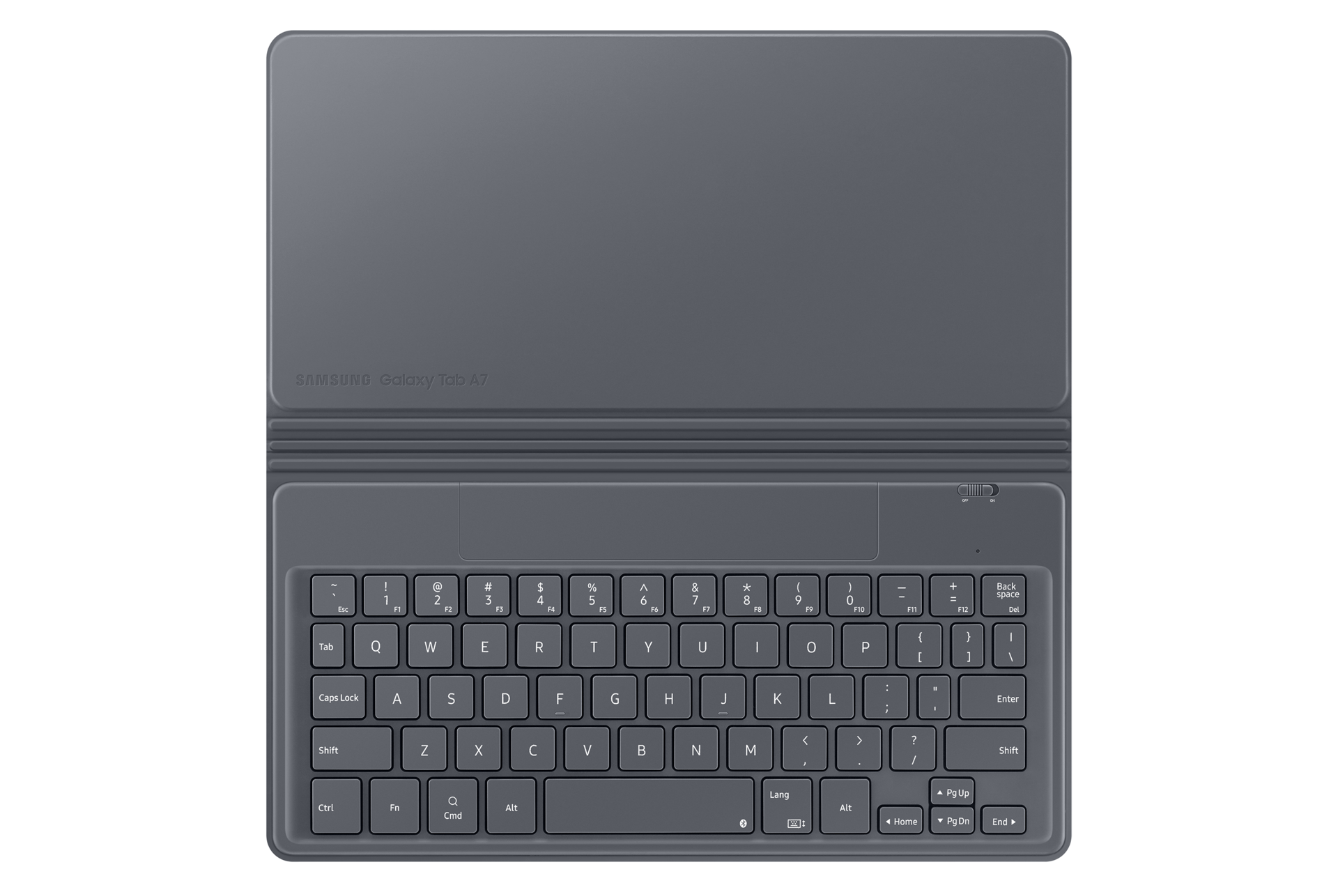 Eine graue Samsung Galaxy Tab A7-Tastaturabdeckung. Die Tastatur hat verschiedene Tasten, darunter Buchstaben, Zahlen und Funktionstasten.