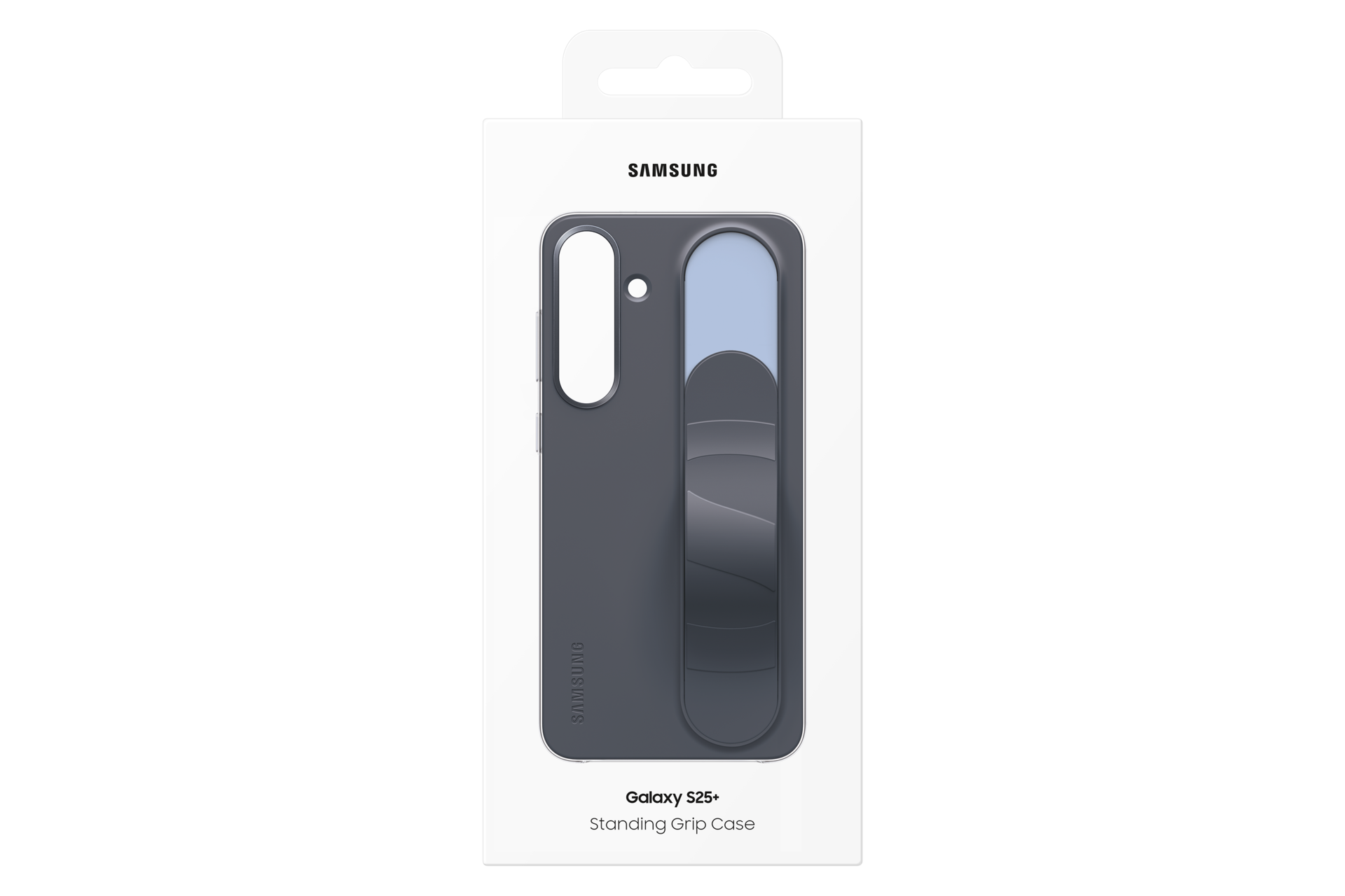 Etui z uchwytem stojącym Samsung Galaxy S25+ w białym pudełku. Jest ciemnoszare, z wbudowaną podstawką i logo Samsung.