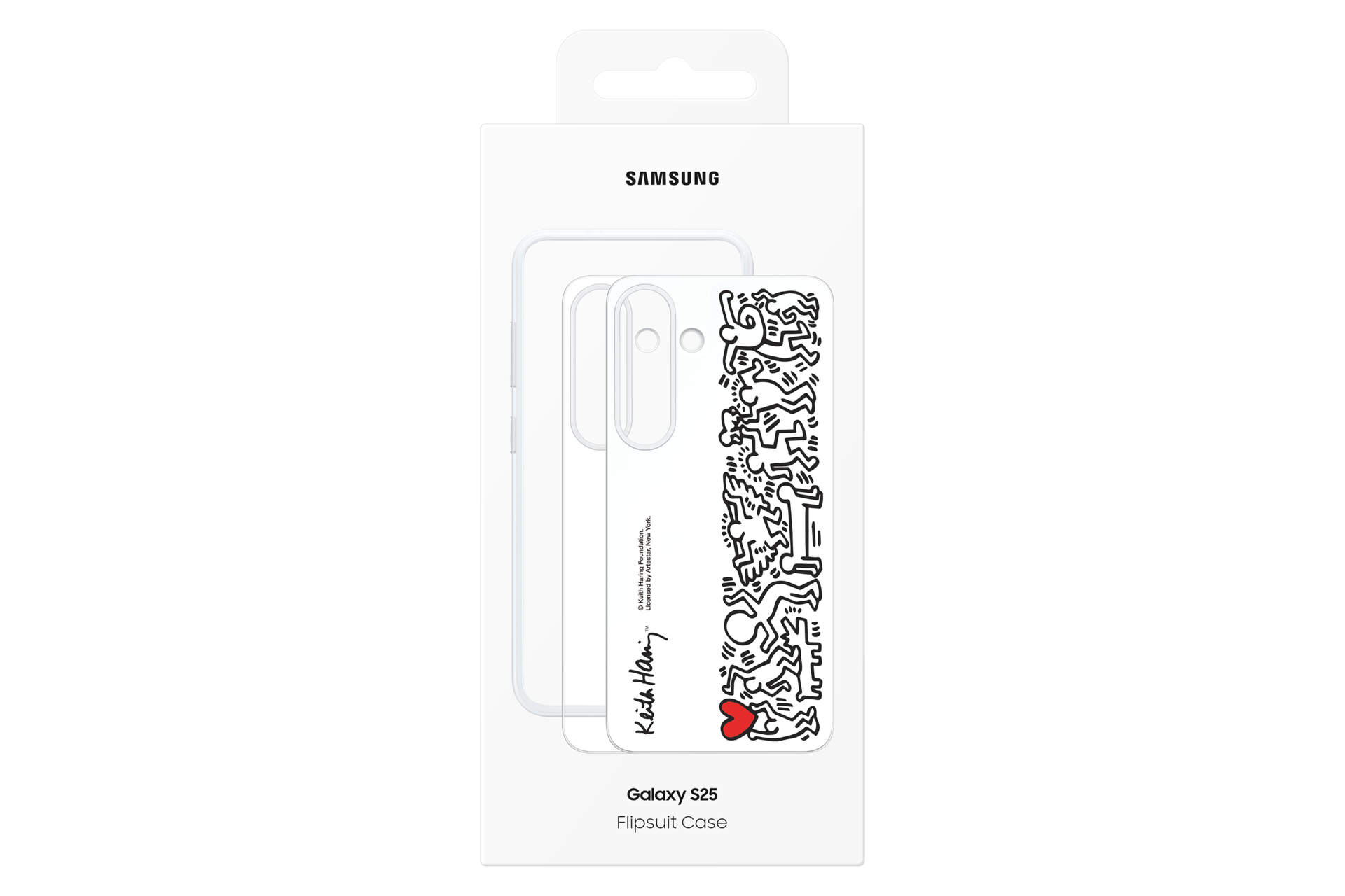Etui na telefon Samsung z wzorem Keitha Haringa. Białe etui z czarnymi rysunkami i czerwonym sercem. Widoczny tekst 'Galaxy S25'.
