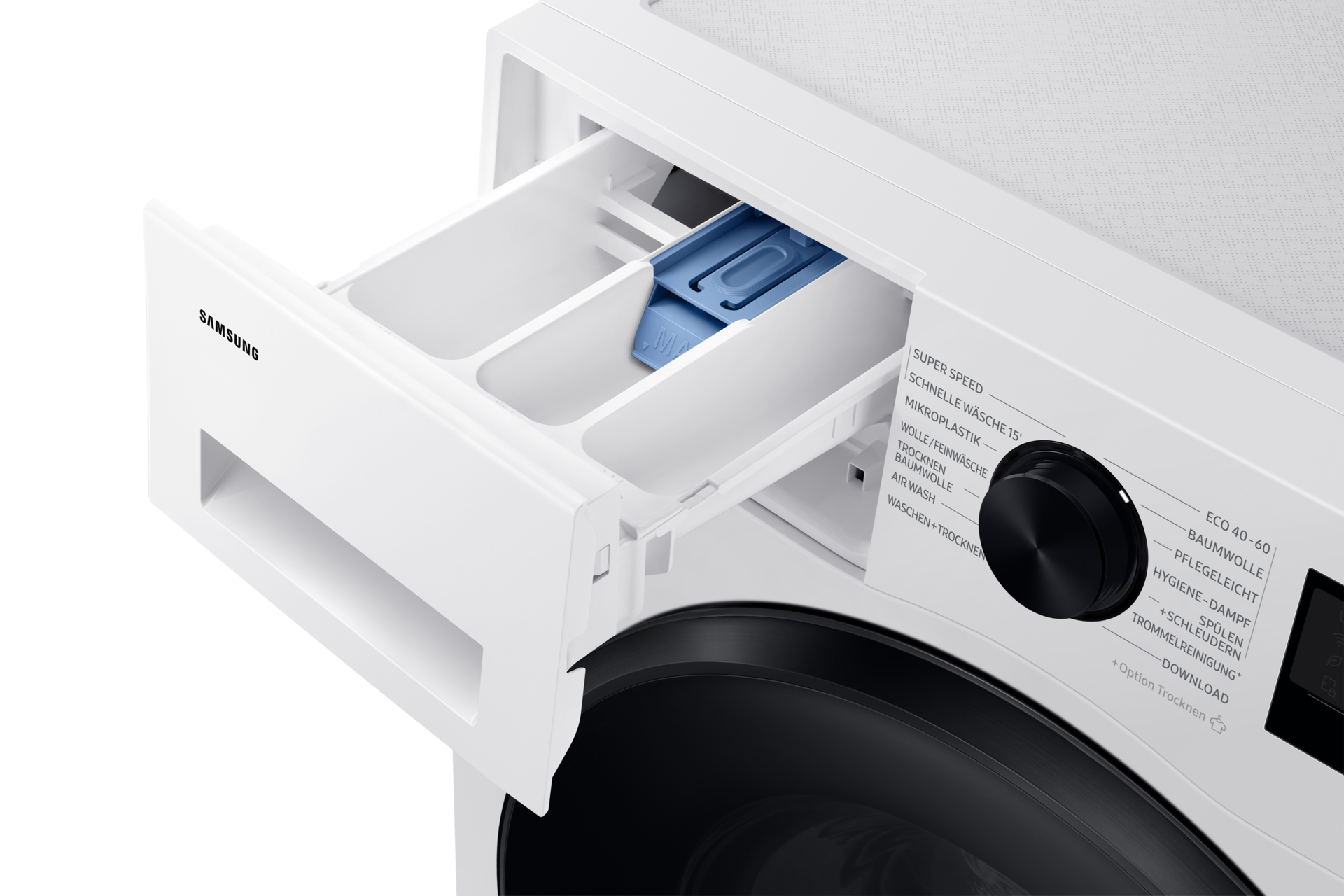 Eine weiße Samsung-Waschmaschine mit offenem Waschmittelfach. Die Schublade hat Fächer und einen blauen Spender.