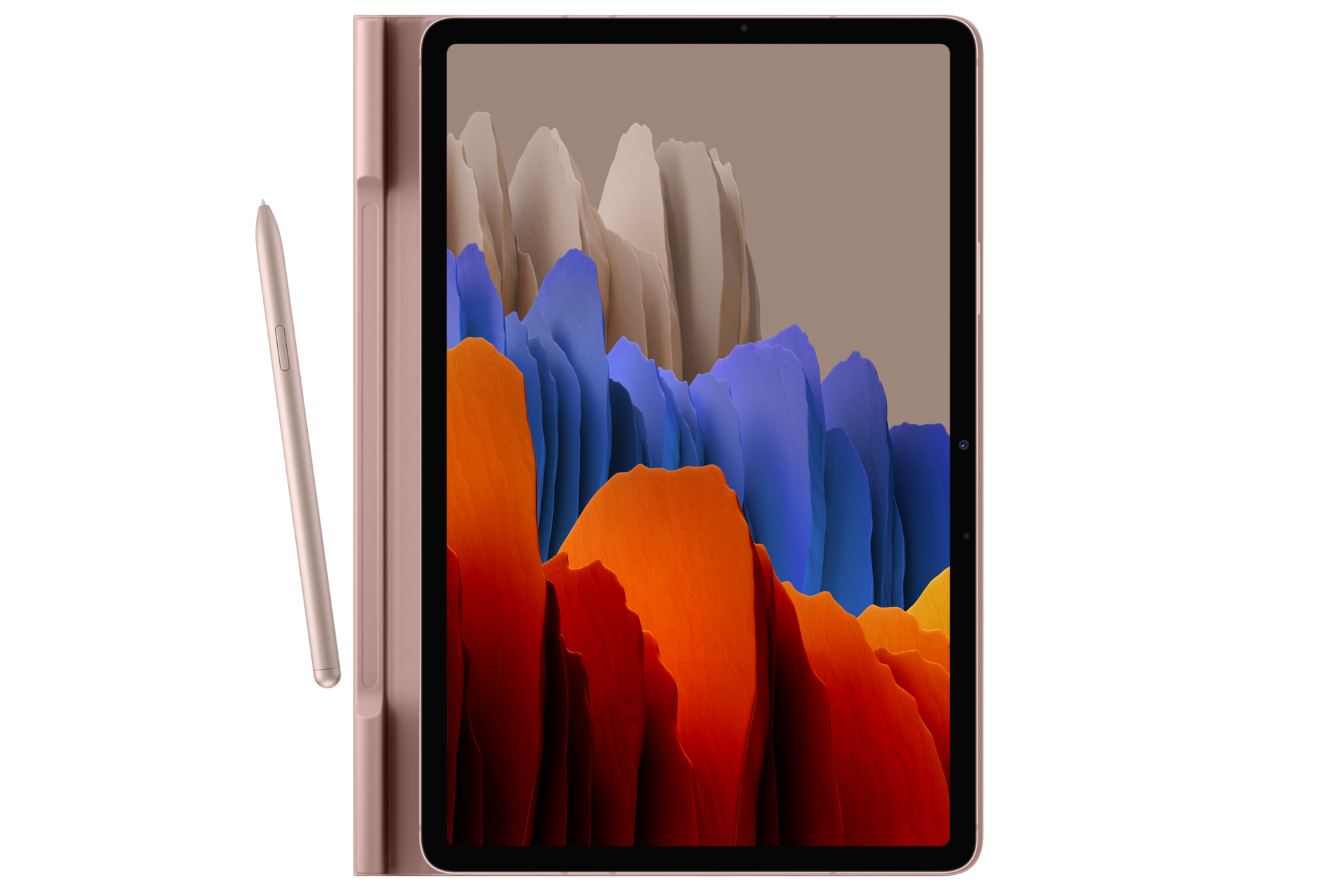 Une tablette avec un stylet, dans un étui. L'écran affiche un motif abstrait coloré en forme de montagne. Le fond est noir.