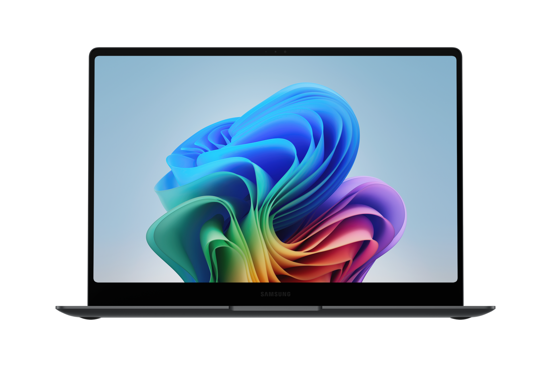 Laptop wyświetla kolorowy, abstrakcyjny wir na ekranie na tle niebieskiego gradientu. Poniżej znajduje się logo Samsung.