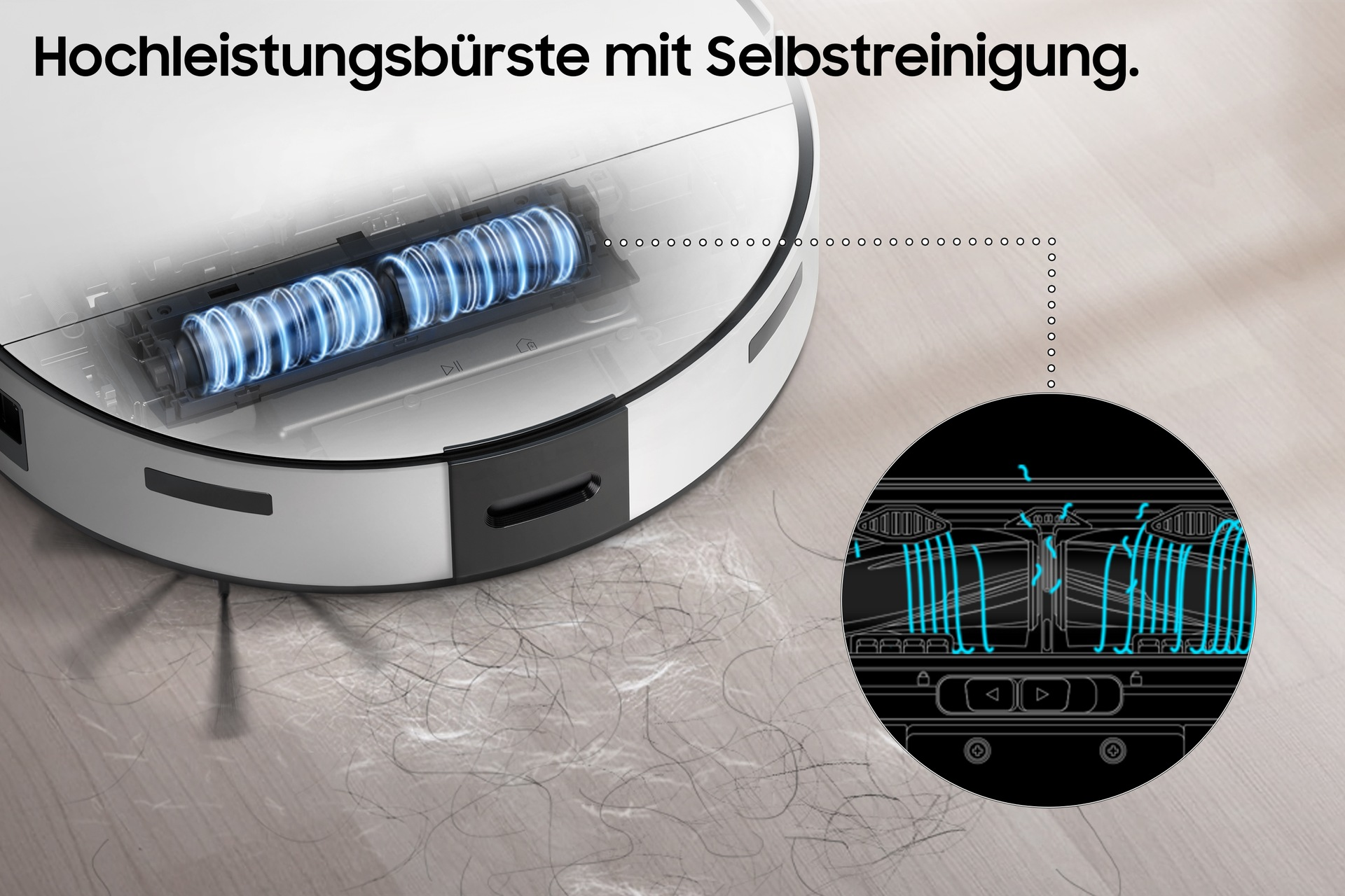 Zbliżenie białego i czarnego robota odkurzacza z niebieską szczotką do czyszczenia i szczegółami w prawym dolnym rogu.