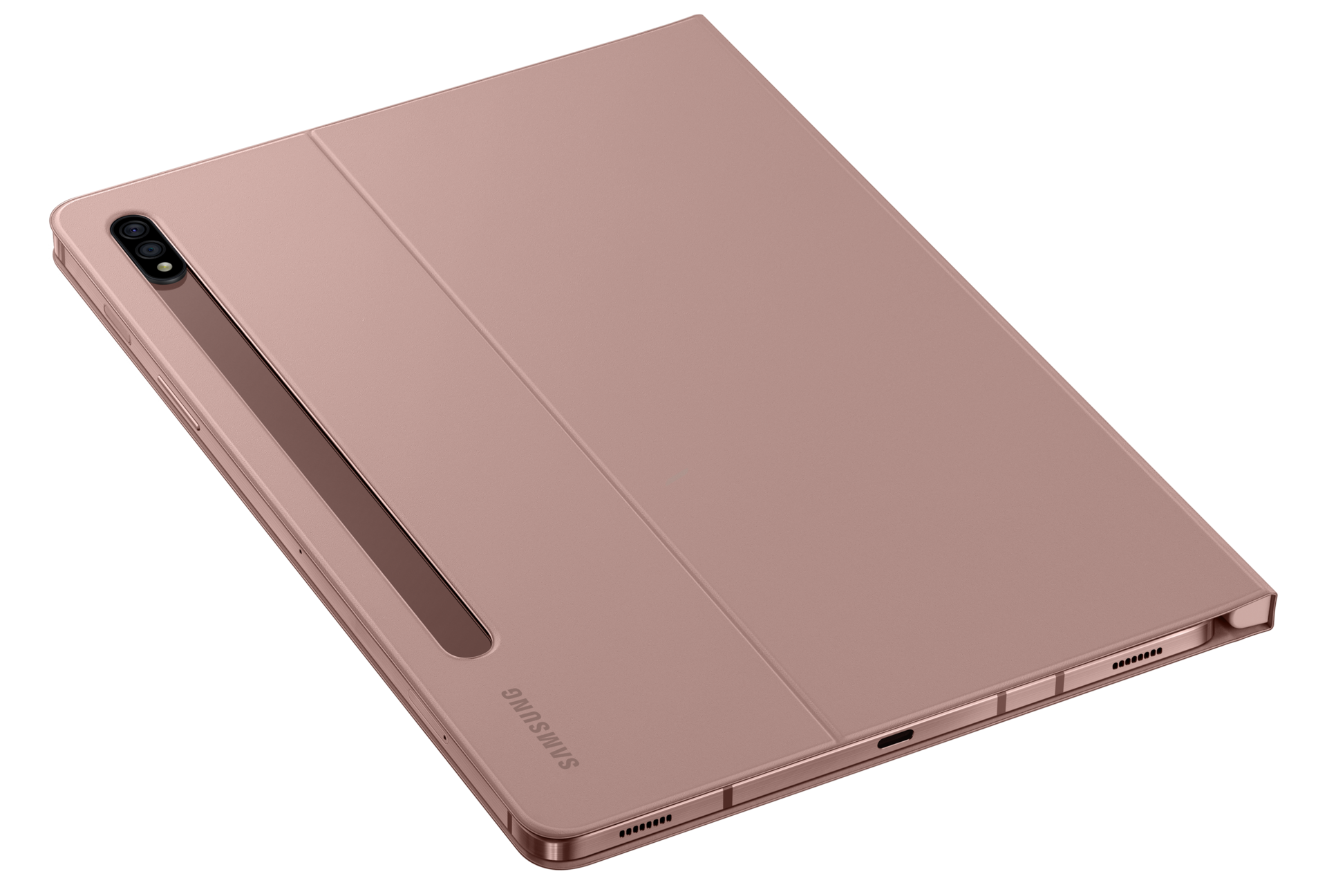 Tablette rose doré avec étui ouvert, logo Samsung visible. Fond noir. Caméras en haut à gauche.