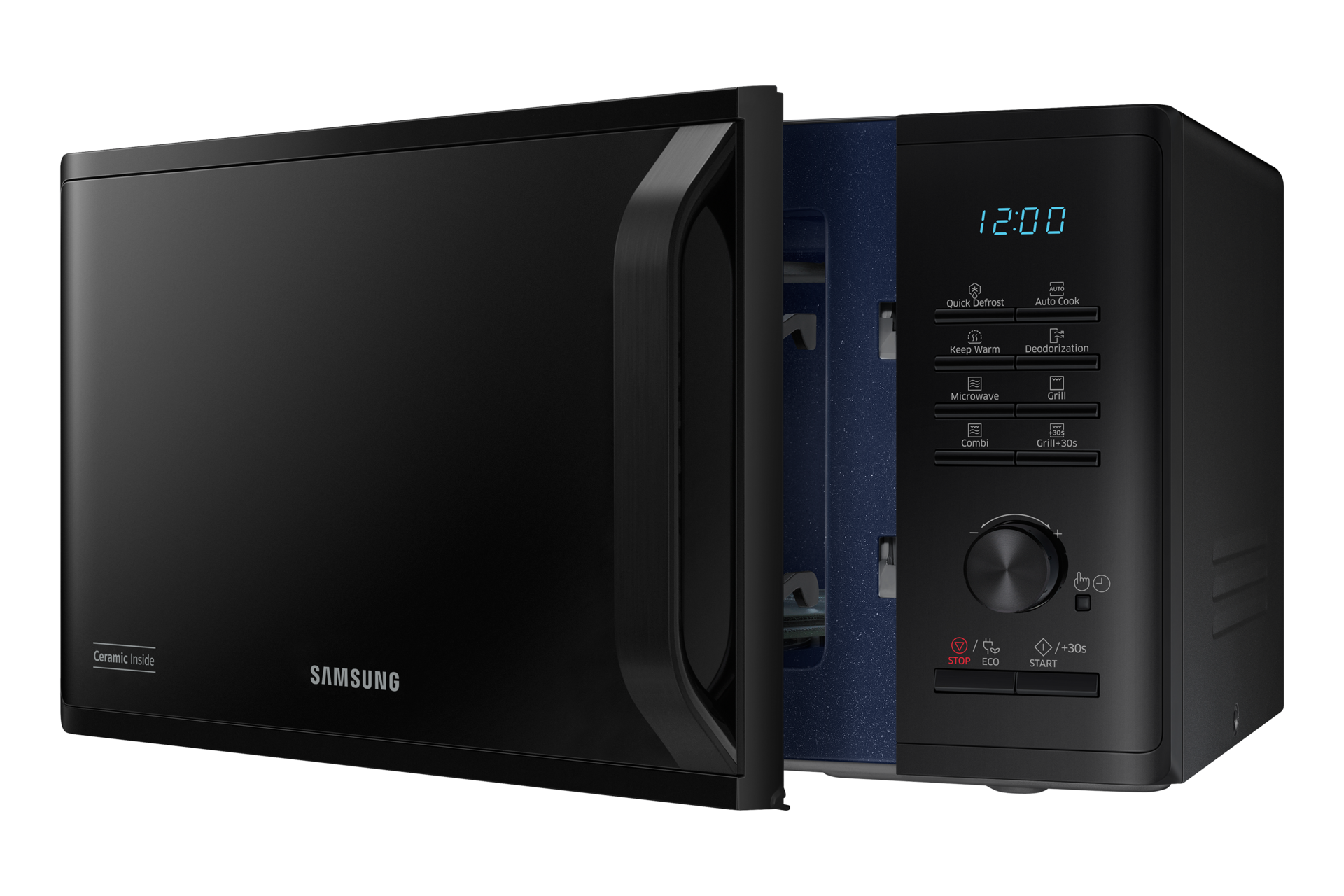 Czarna kuchenka mikrofalowa Samsung z otwartymi drzwiami. Sterowanie po prawej, wyświetlacz czasu u góry i 'Ceramic Inside' po lewej.