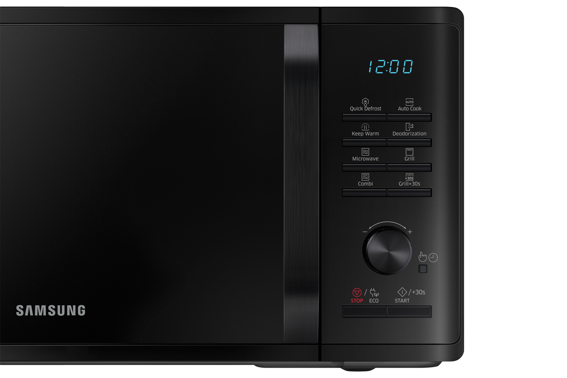 Czarny piekarnik mikrofalowy Samsung. Posiada cyfrowy zegar wskazujący 12:00. Panel sterowania z przyciskami i pokrętłem.