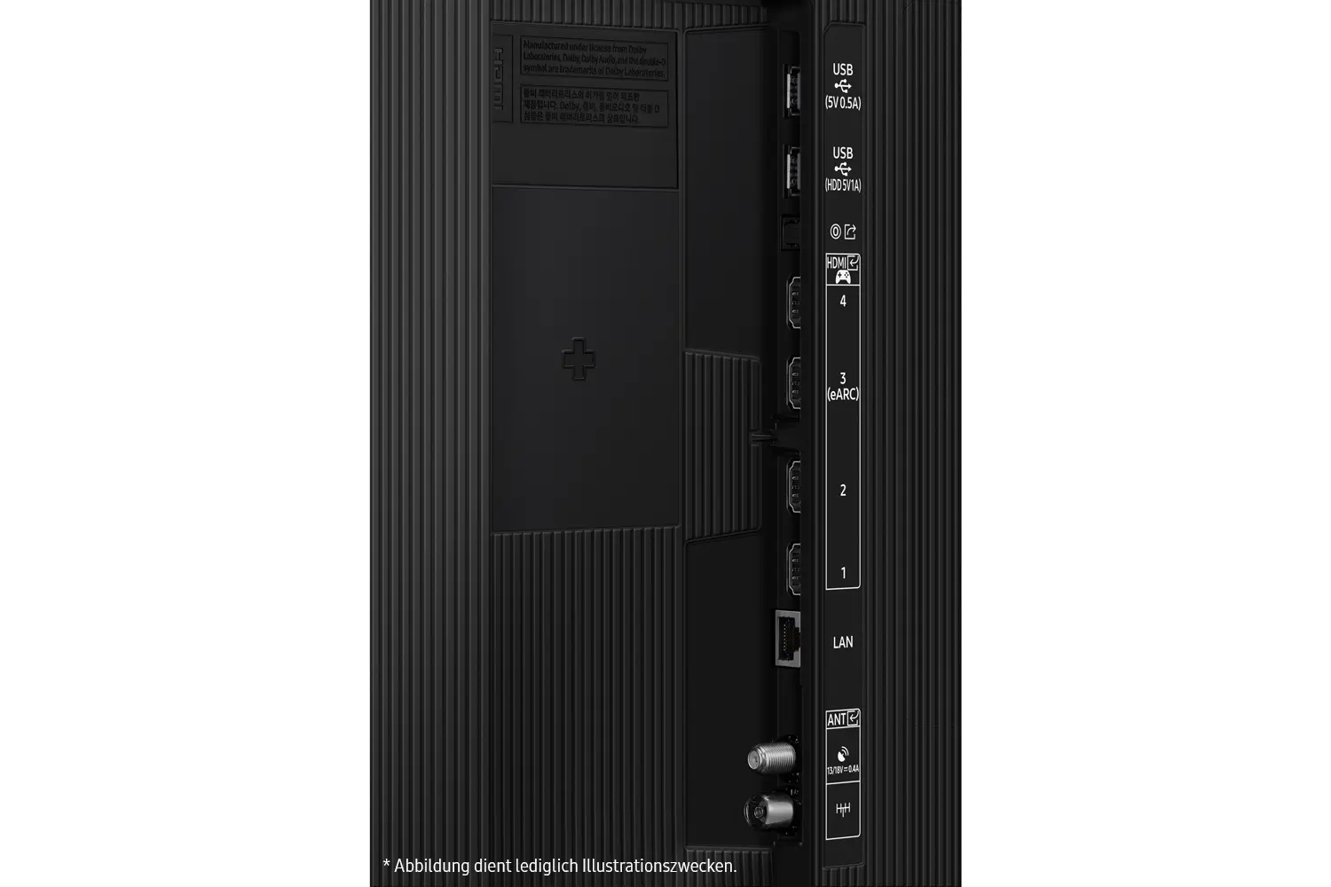 Tył czarnego telewizora z różnymi portami, w tym HDMI, USB i LAN. Zawiera etykiety i znak plus.