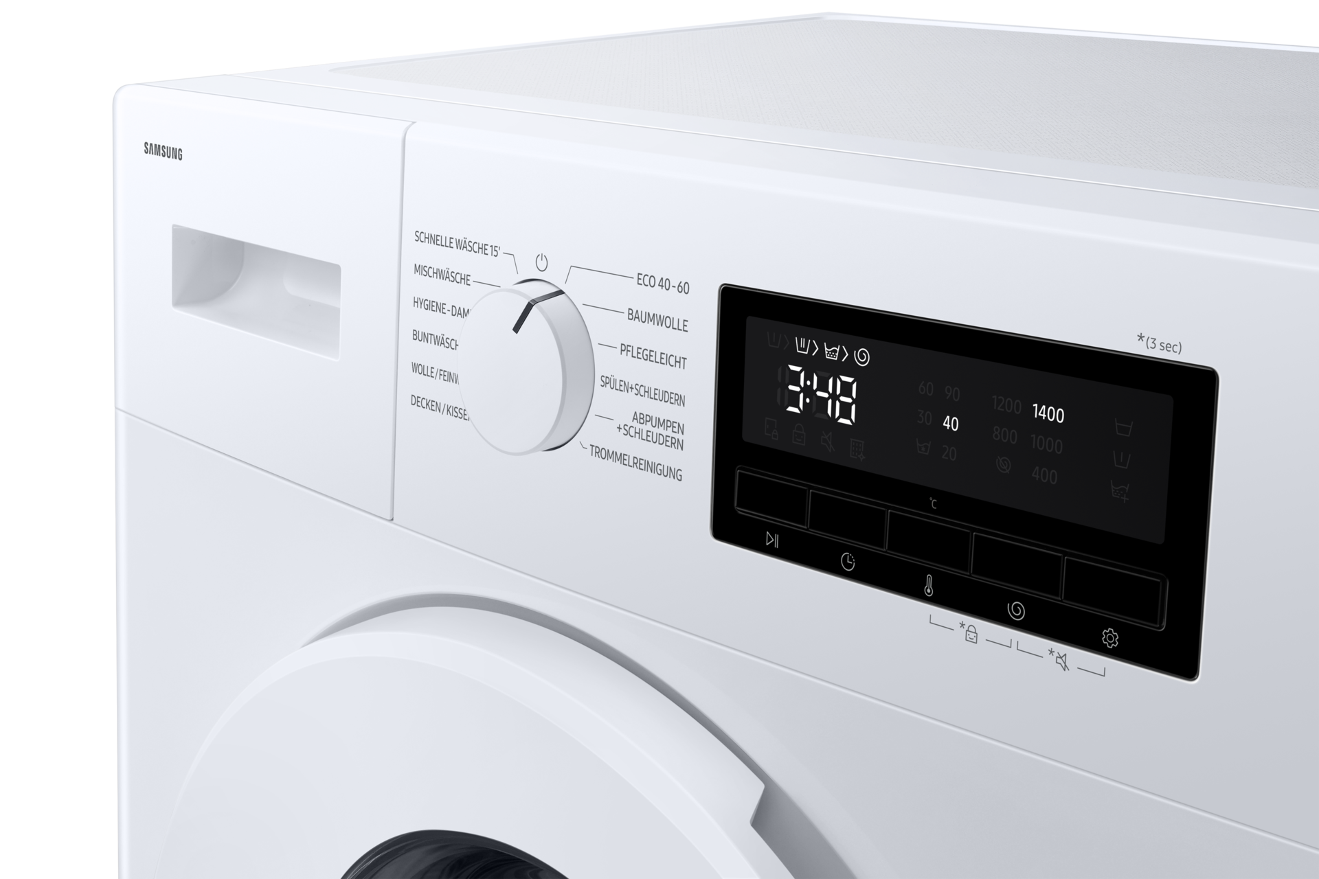 Eine weiße Samsung Waschmaschine mit Bedienfeld und Digitalanzeige. Der Drehregler ist auf einen Waschzyklus eingestellt.