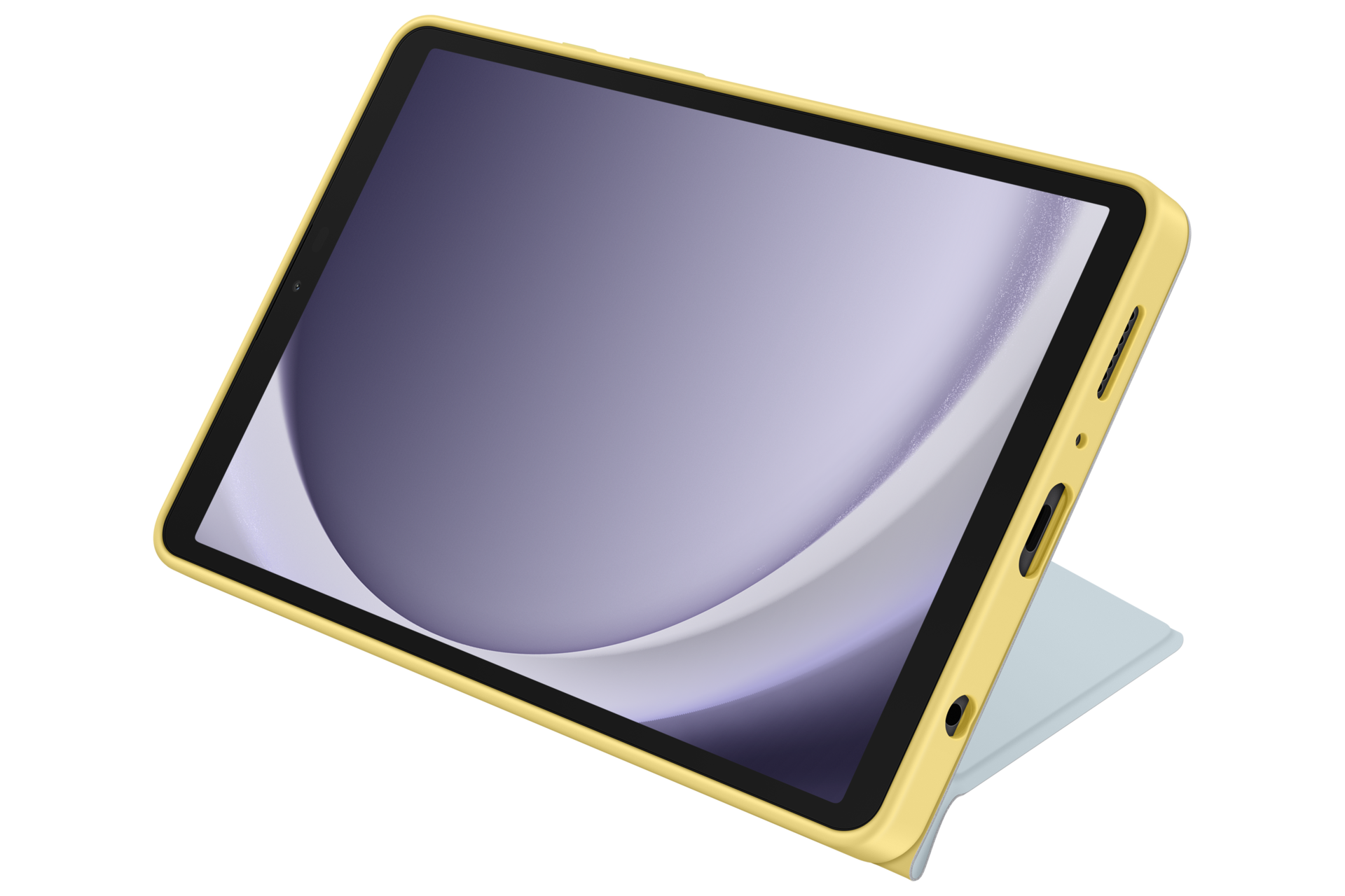 Tablette dans un étui jaune, ouverte. L'écran affiche un motif abstrait violet et blanc. Support bleu clair. Fond noir.