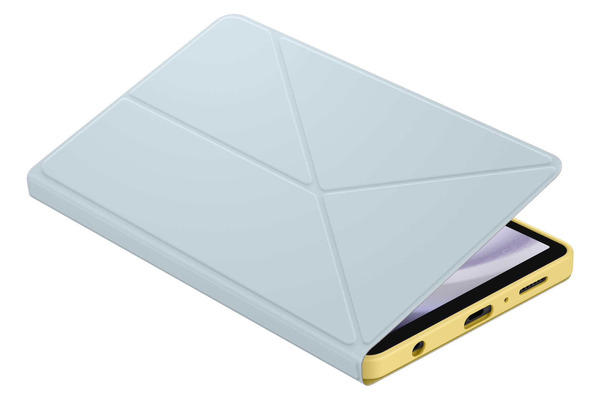Une tablette avec une coque bleu clair est partiellement ouverte. La tablette a un cadre jaune. Fond noir.