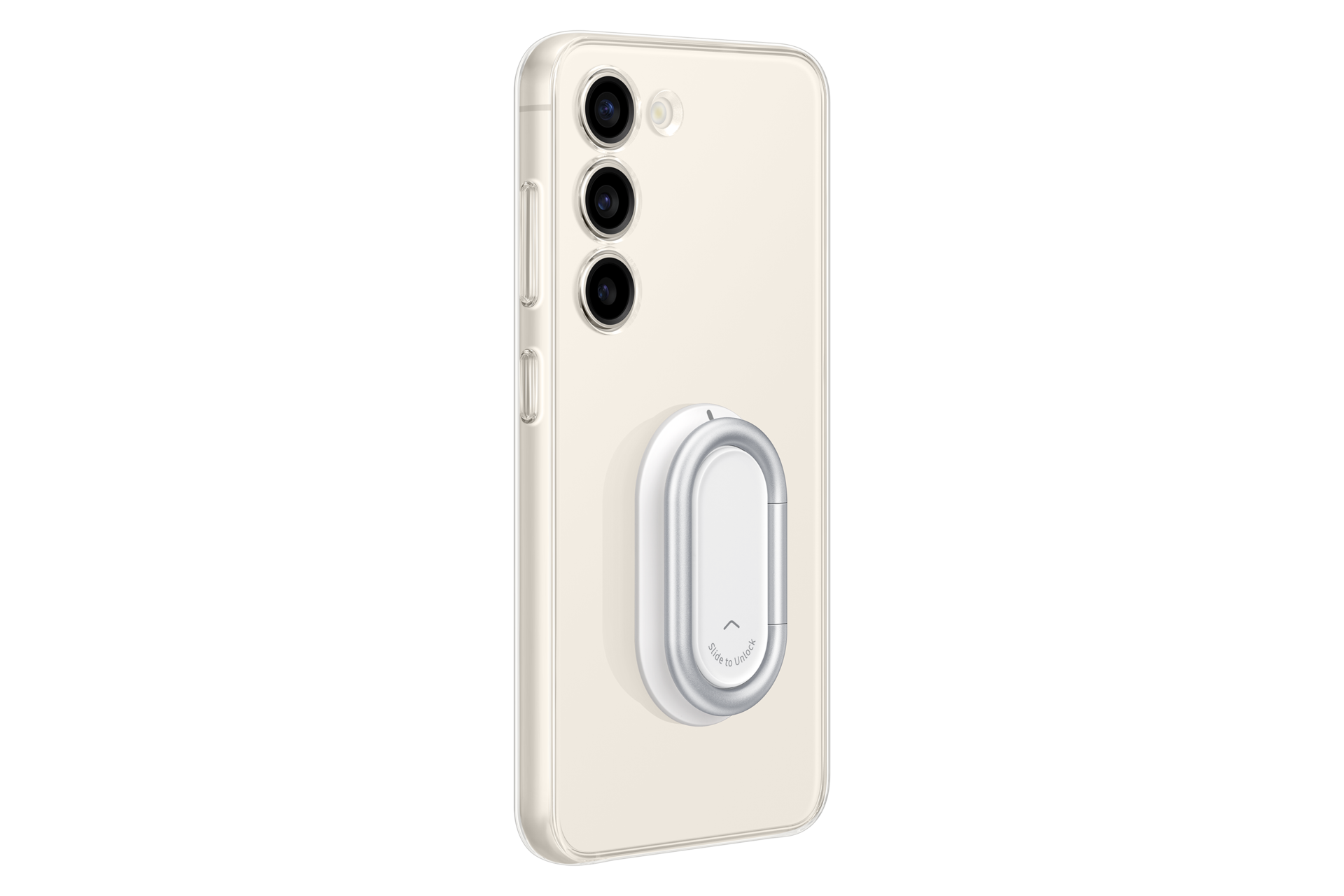 Beige smartphone met zilveren telefoonhouder. Drie camera's. De houder zegt 'Veeg om te ontgrendelen'.