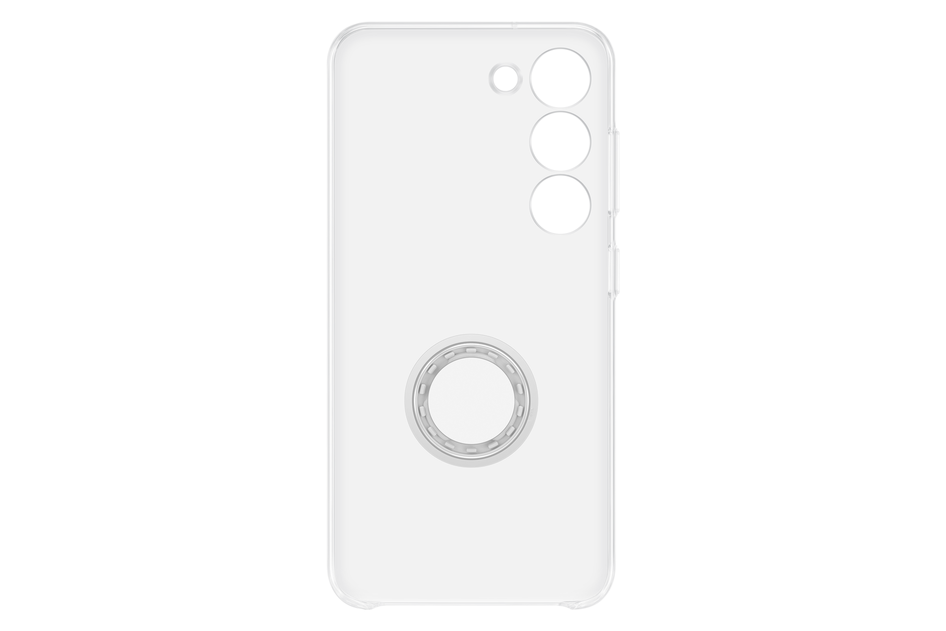 Een witte telefoonhoes met drie camera-uitsparingen en een ringhouder. De achtergrond is zwart.