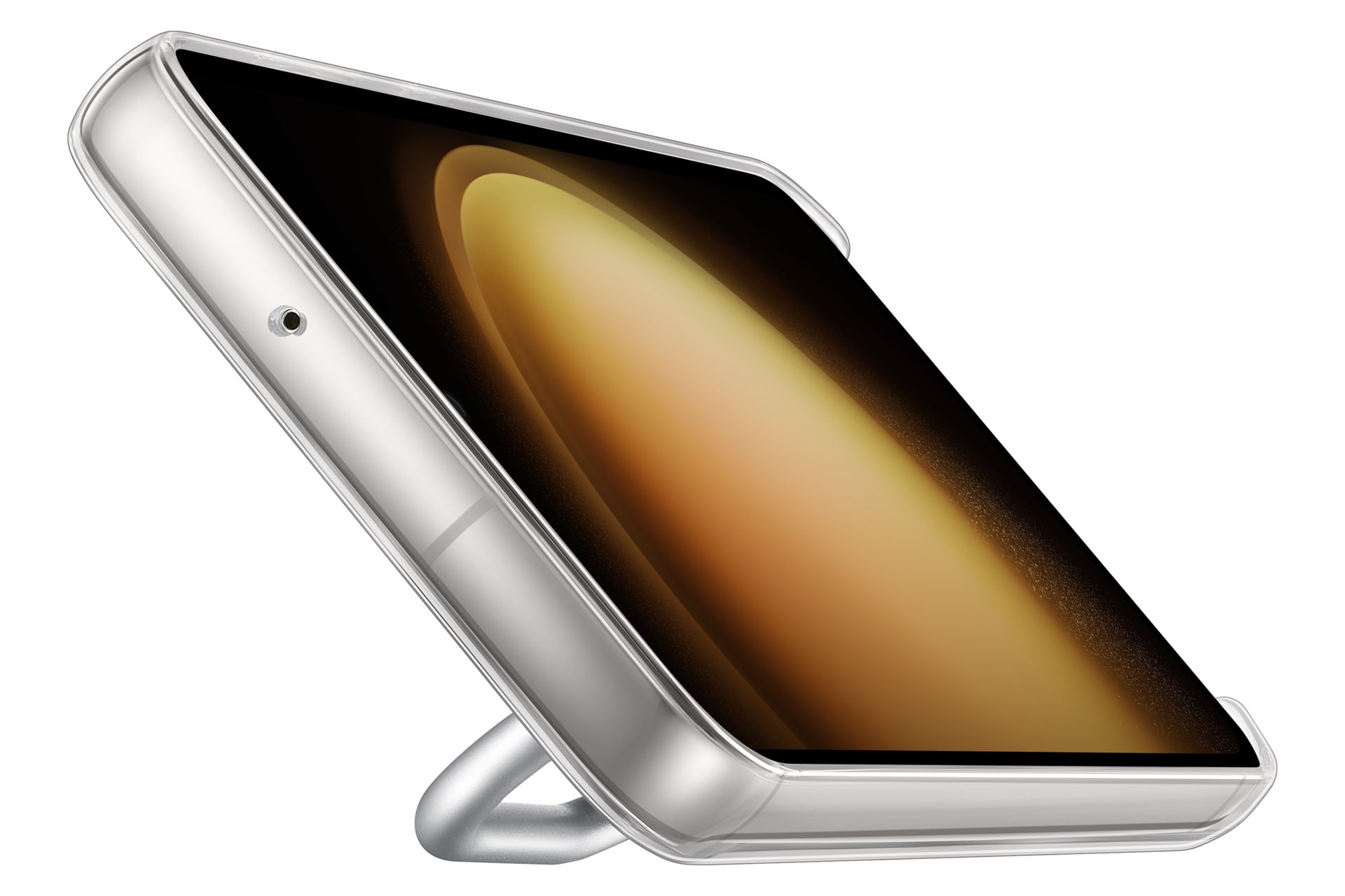 Een smartphone in een doorzichtige hoes. Het scherm toont een gouden verloop. Een zilveren ringstandaard ondersteunt de telefoon.