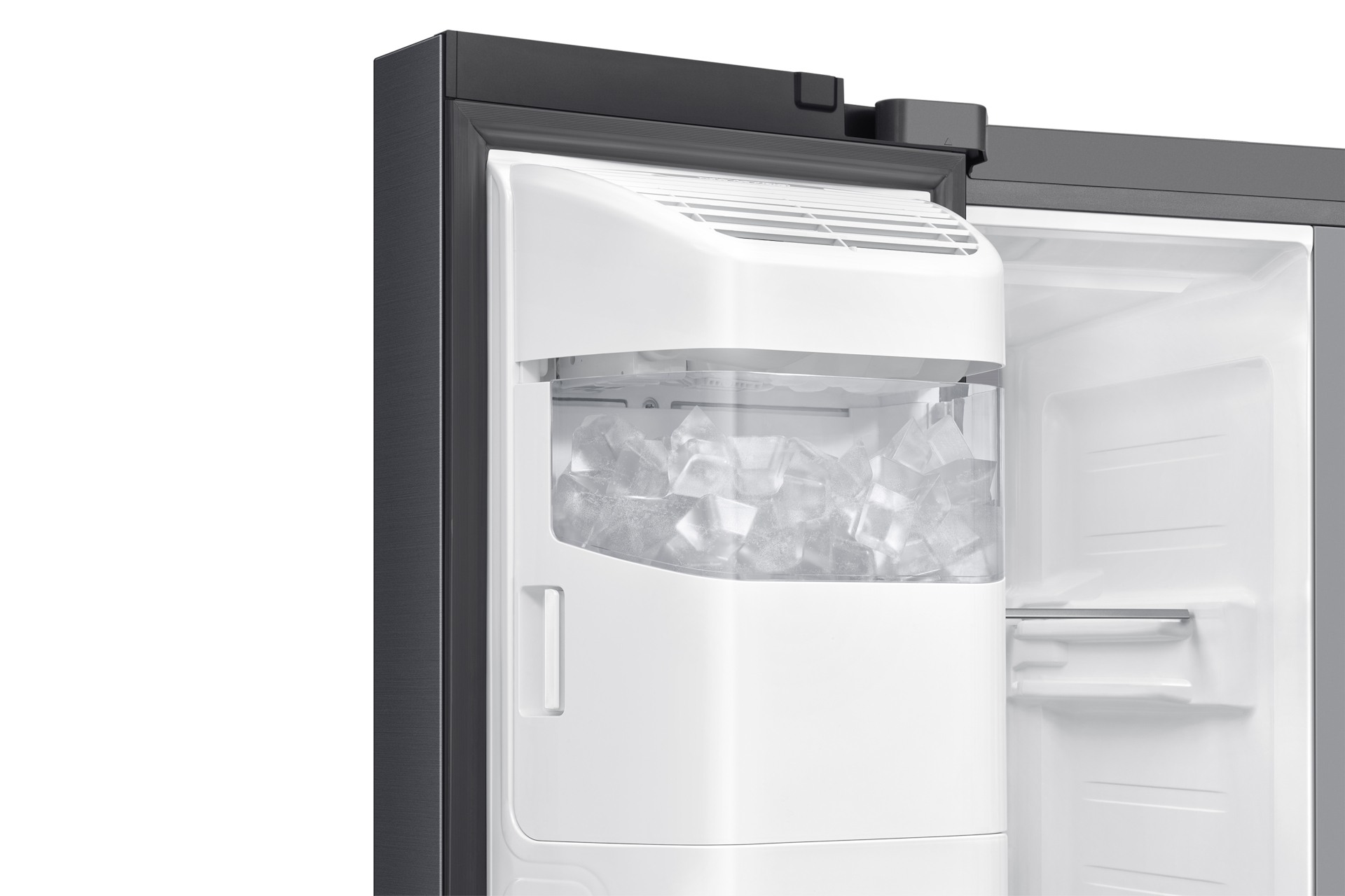 Open refrigerator showing ice maker with ice cubes. Interior is white, exterior is dark gray. Black background.