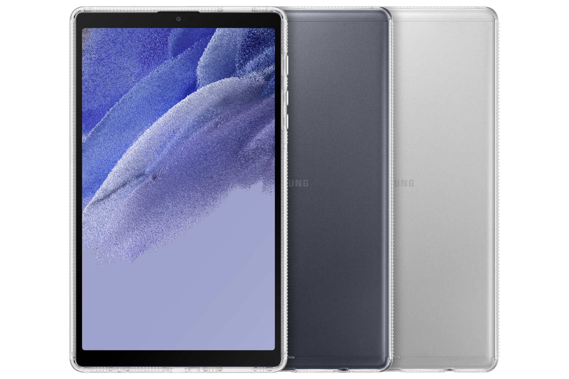 Drei Tablets in Schutzhüllen. Die Vorderseite zeigt ein hellblaues, abstraktes Bild. Zwei Rückseiten sind sichtbar, dunkelgrau und silber.