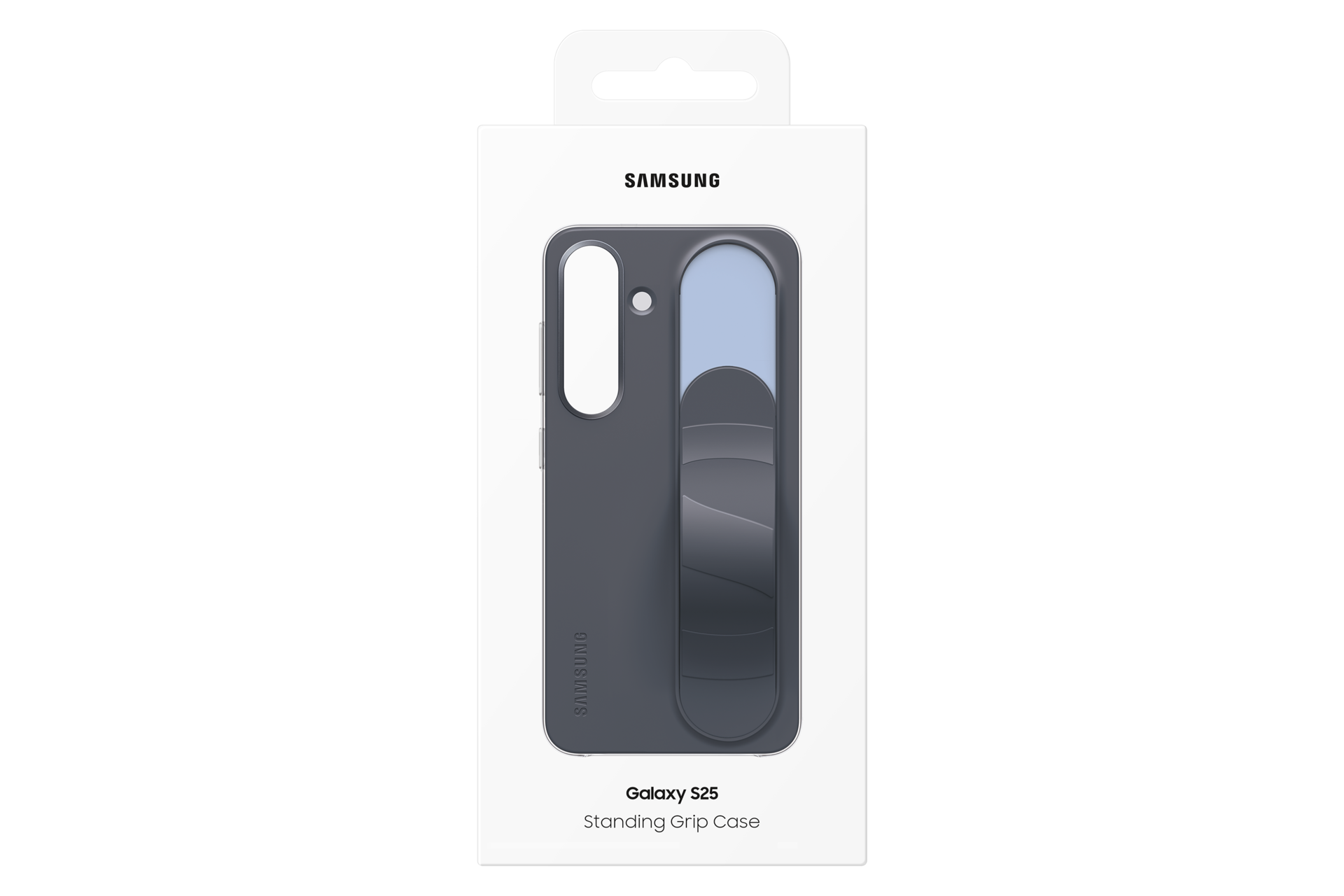 Una custodia per telefono Samsung Galaxy S25 in una scatola bianca. La custodia è grigia con un'impugnatura. La scatola ha il logo Samsung.