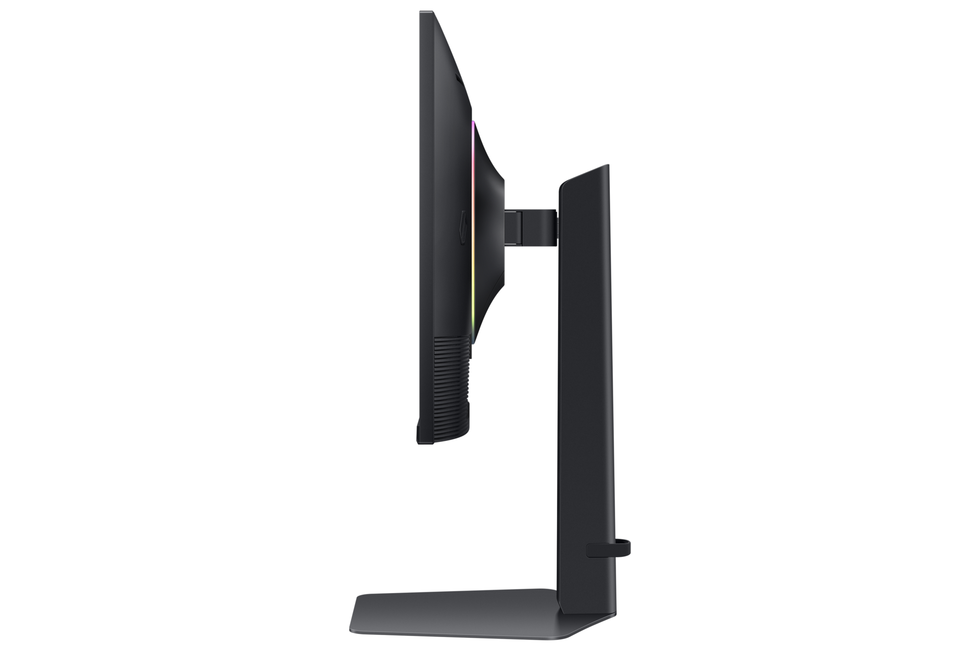 Widok z boku czarnego monitora komputerowego na czarnym tle. Monitor ma podstawkę i kolorowy pasek świetlny.