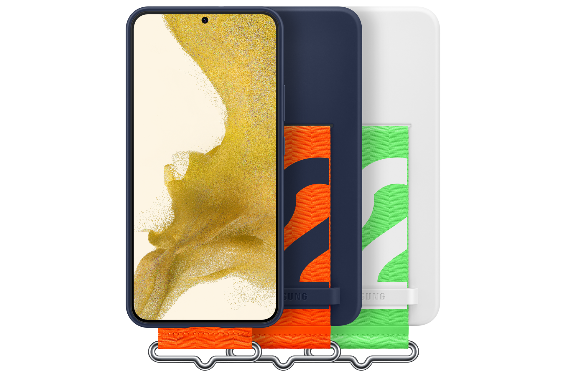 Ein Smartphone mit drei farbigen Handyhüllen und -bändern: orange, blau und grün. Jedes hat einen silbernen Metallhaken.