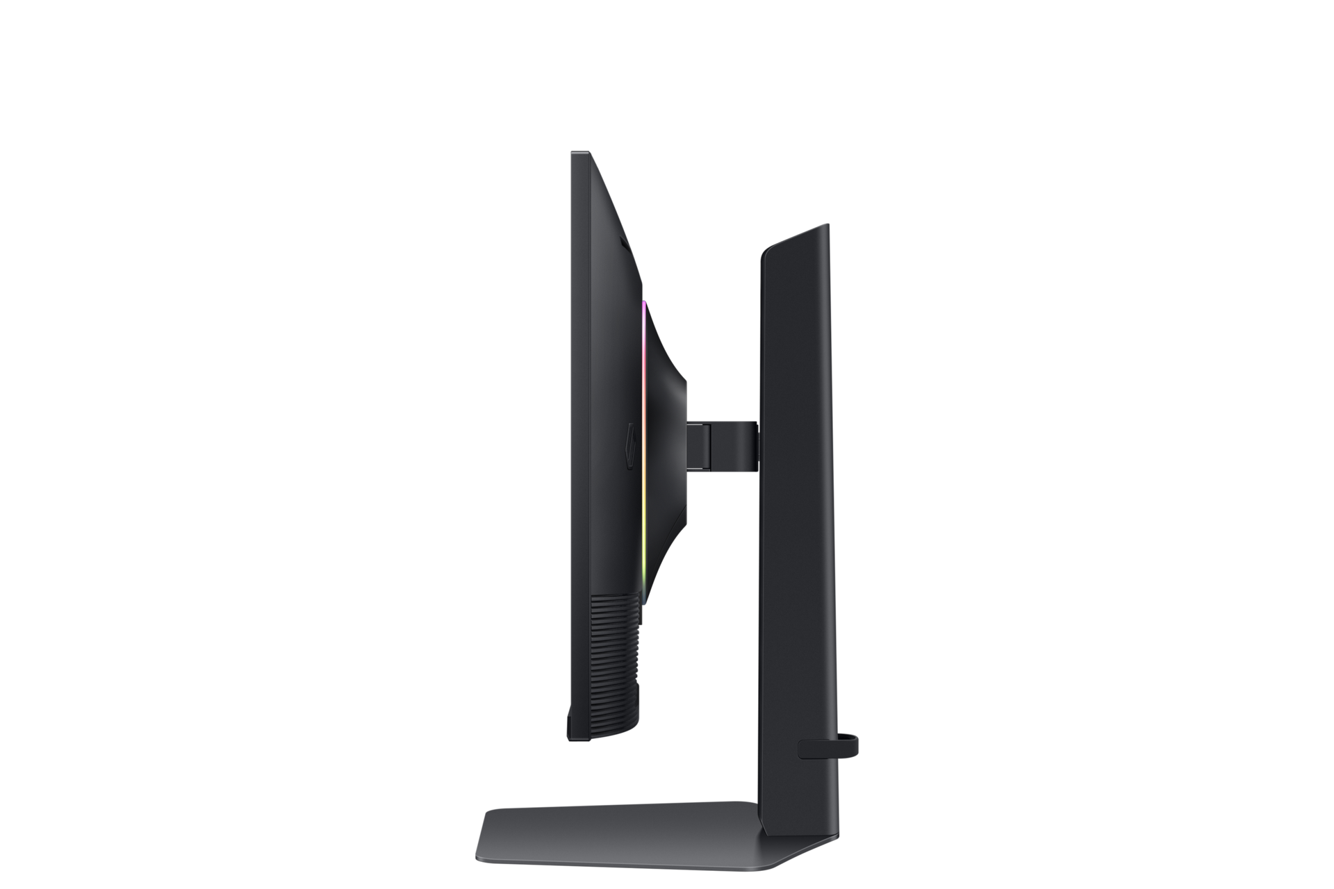 Widok z boku czarnego monitora komputera. Ekran ma kolorowy pasek świetlny. Podstawa jest ciemnoszara.