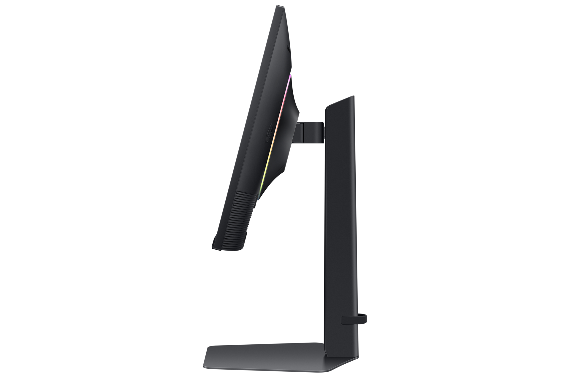 Widok z boku czarnego monitora komputerowego ze stojakiem. Monitor ma cienką ramkę i kolorowy pasek świetlny.