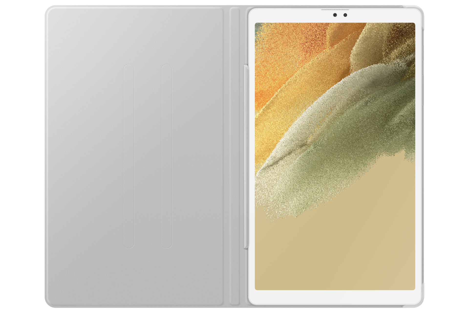 Tablet in hellgrauer Hülle, geöffnet, um den Bildschirm freizugeben. Der Bildschirm zeigt abstrakte, goldene und grüne Farben.