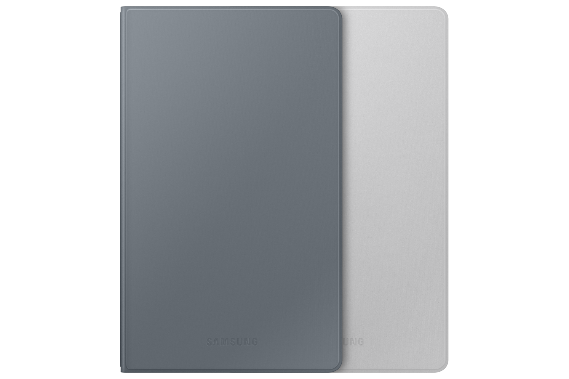 Zwei Tablet-Hüllen, eine schiefergraue, die andere weiße. Beide haben das Samsung-Logo.