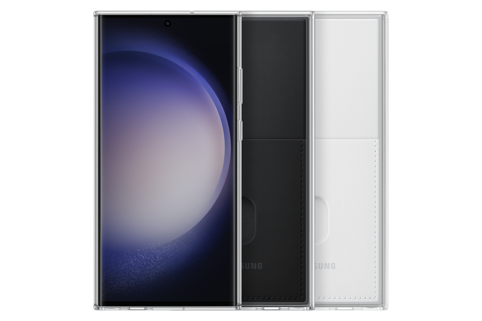 Teléfono con funda transparente, tarjeteros negros y blancos. La pantalla muestra un degradado púrpura. Logotipo de Samsung visible.