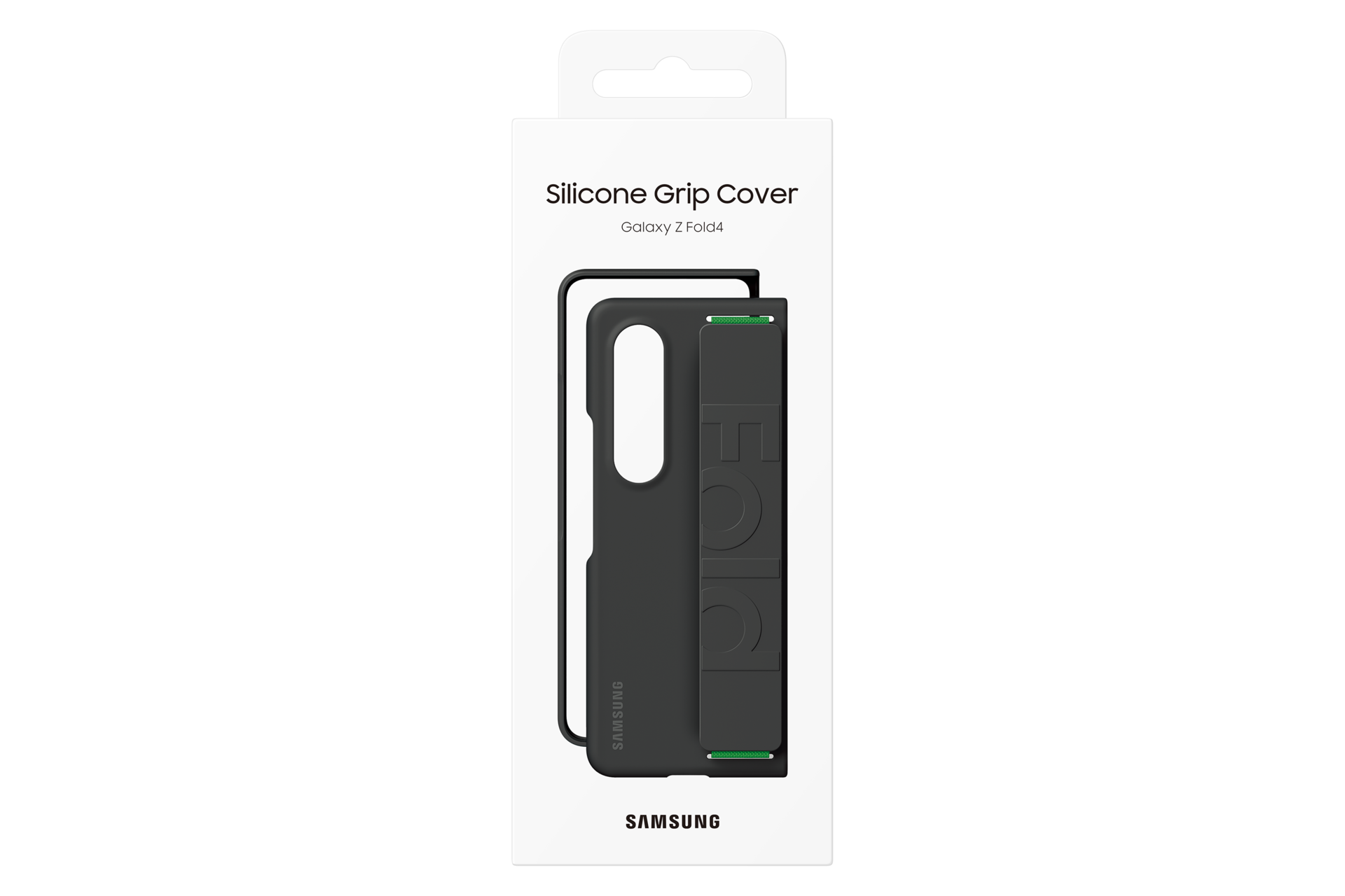 Eine schwarze Samsung Galaxy Z Fold4-Hülle in ihrer Verpackung. Die Hülle hat einen Griff. Die Verpackung ist weiß mit schwarzem Text.
