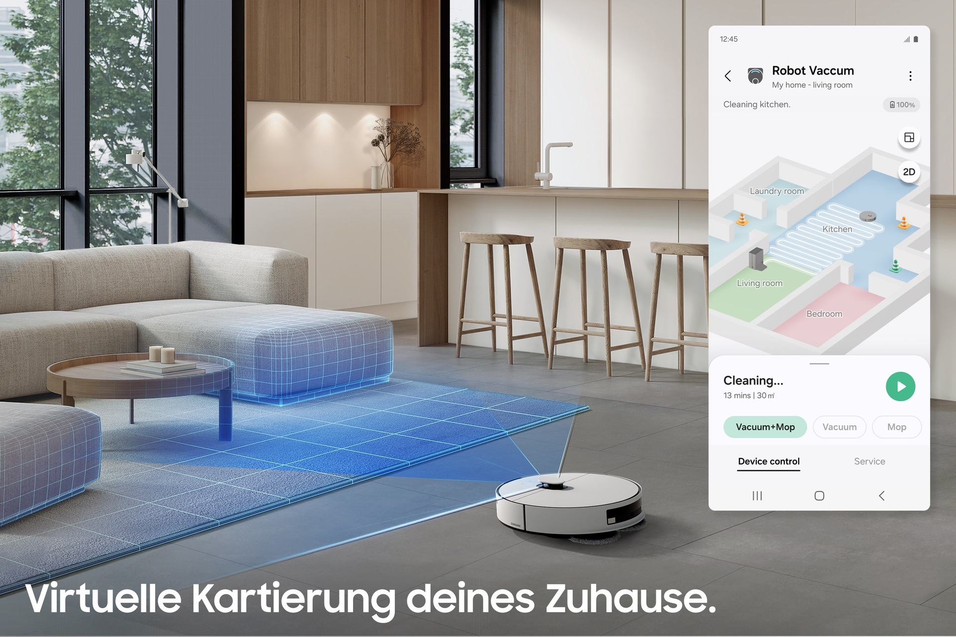 Robot sprzątający mapuje salon. Telefon wyświetla plan piętra z postępem sprzątania.