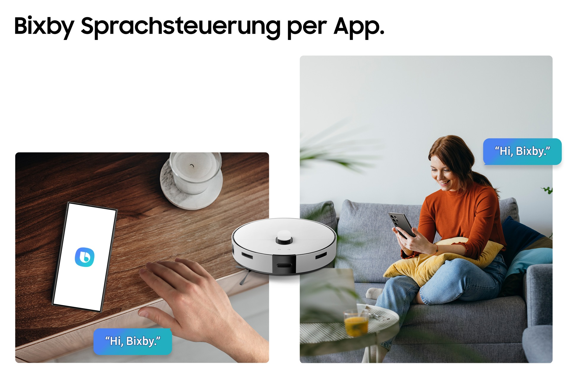 Obrazek pokazuje sterowanie Bixby przez aplikację. Kobieta używa telefonu, mówiąc 'Cześć, Bixby'. Pokazany jest również odkurzacz automatyczny i telefon.