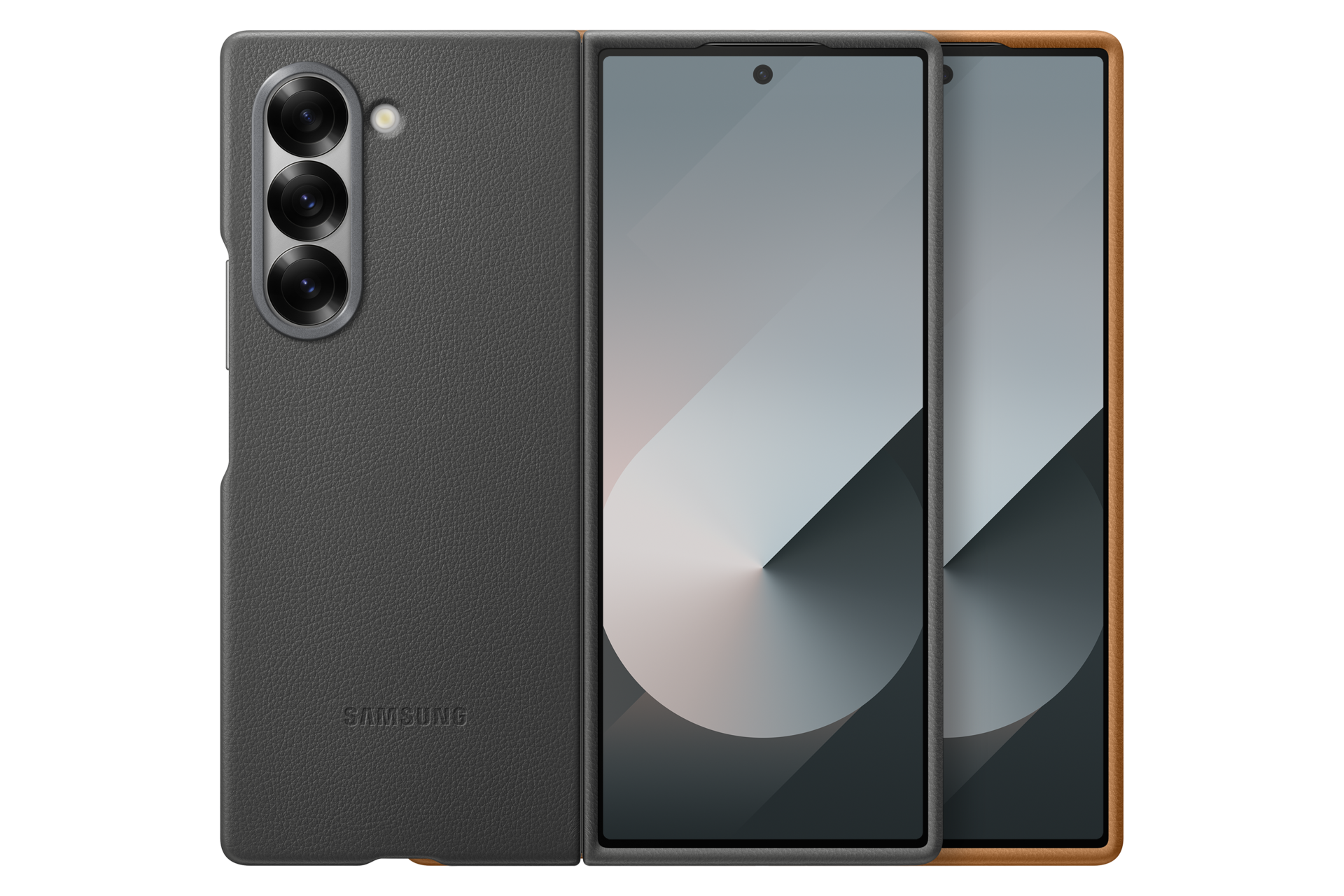 Un étui de téléphone Samsung est présenté, ouvert pour révéler l'écran du téléphone. L'étui est gris foncé, l'écran affiche un dégradé de gris.