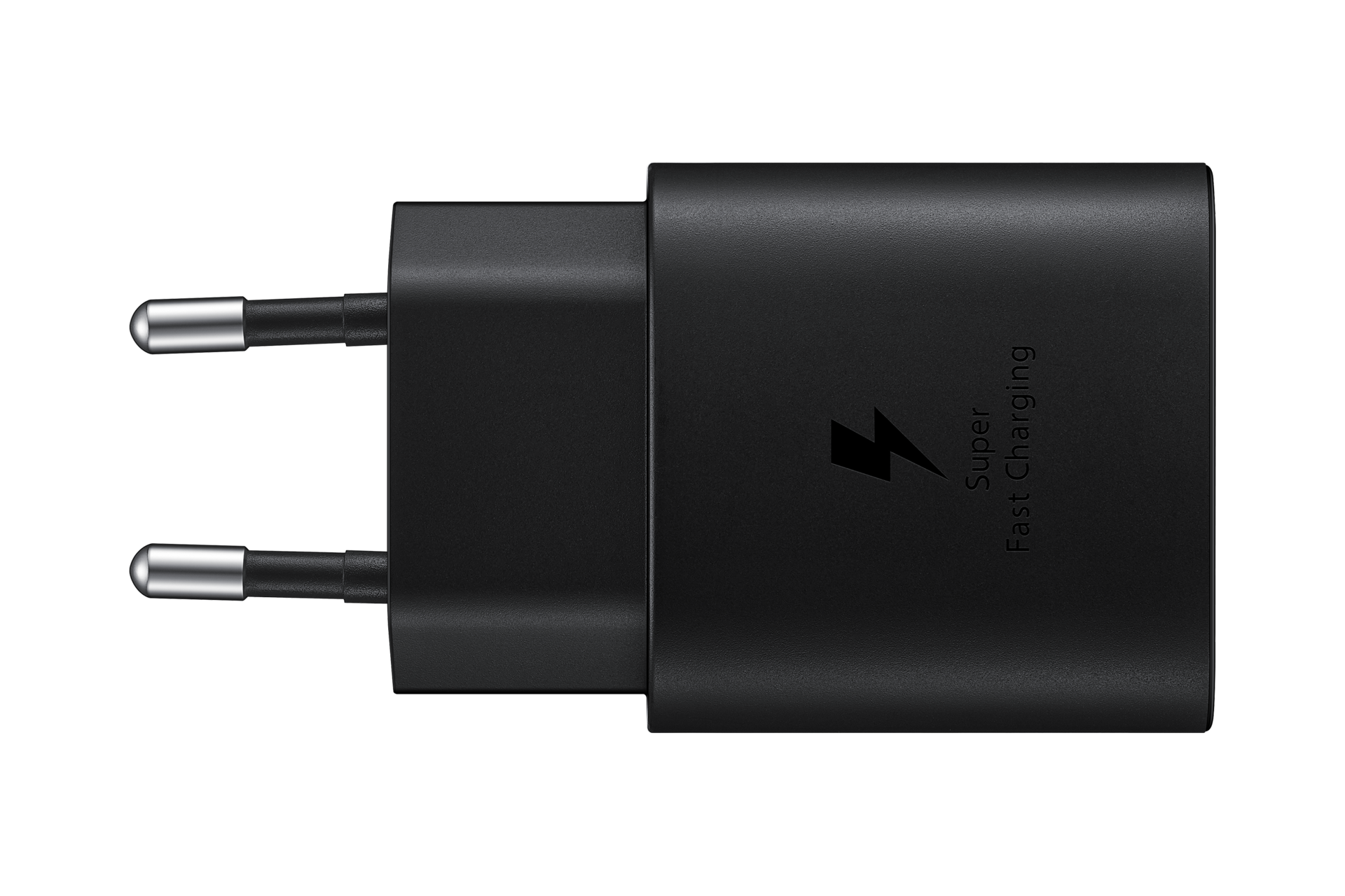 Un adattatore nero Samsung Super Fast Charging con spine argentate. Ha un logo a forma di fulmine e testo sul lato.