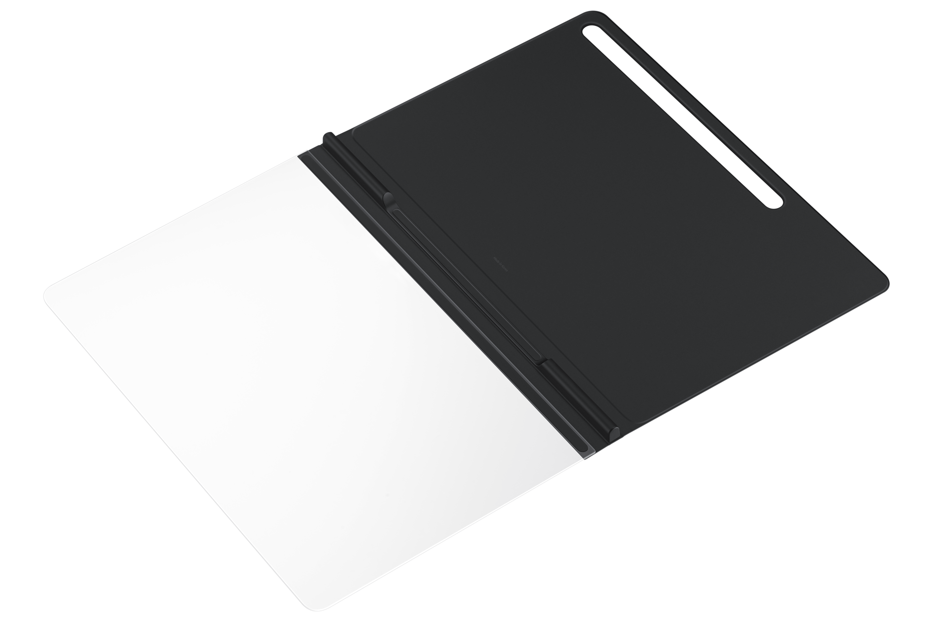 Una custodia per tablet, bianca e nera, aperta. Il lato bianco è per lo schermo, il lato nero è la cover. Angolata su sfondo nero.