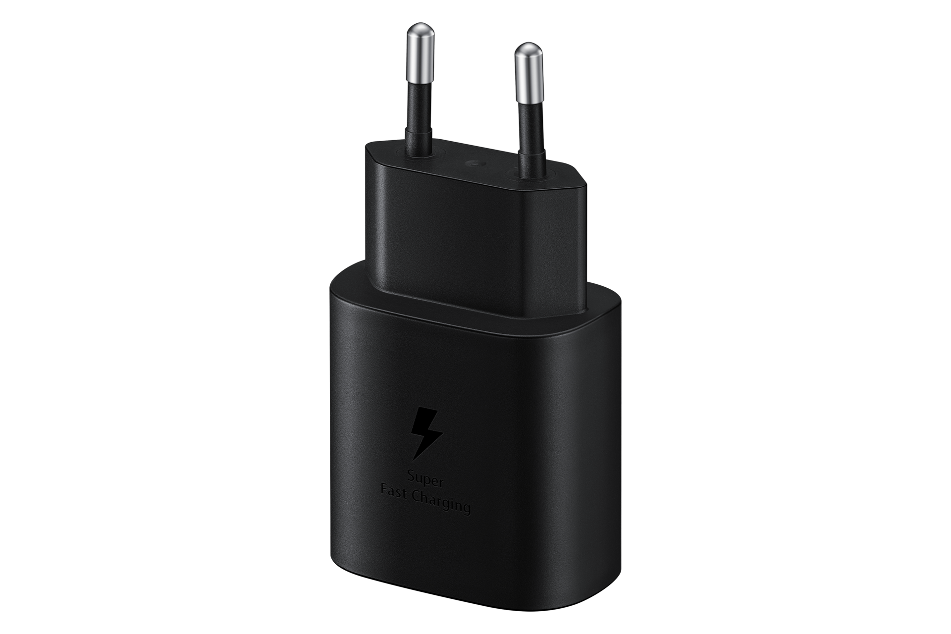 Un adattatore nero Samsung Super Fast Charging con due spine argentate. L'adattatore ha un simbolo di fulmine.