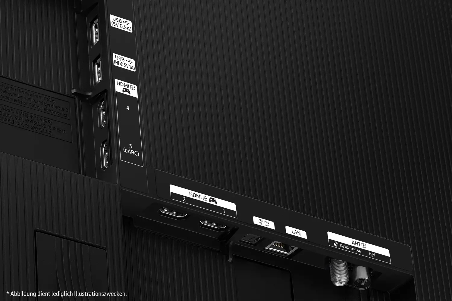 Tylny panel czarnego telewizora z różnymi portami: USB, HDMI, LAN, ANT i eARC. Etykiety są widoczne.
