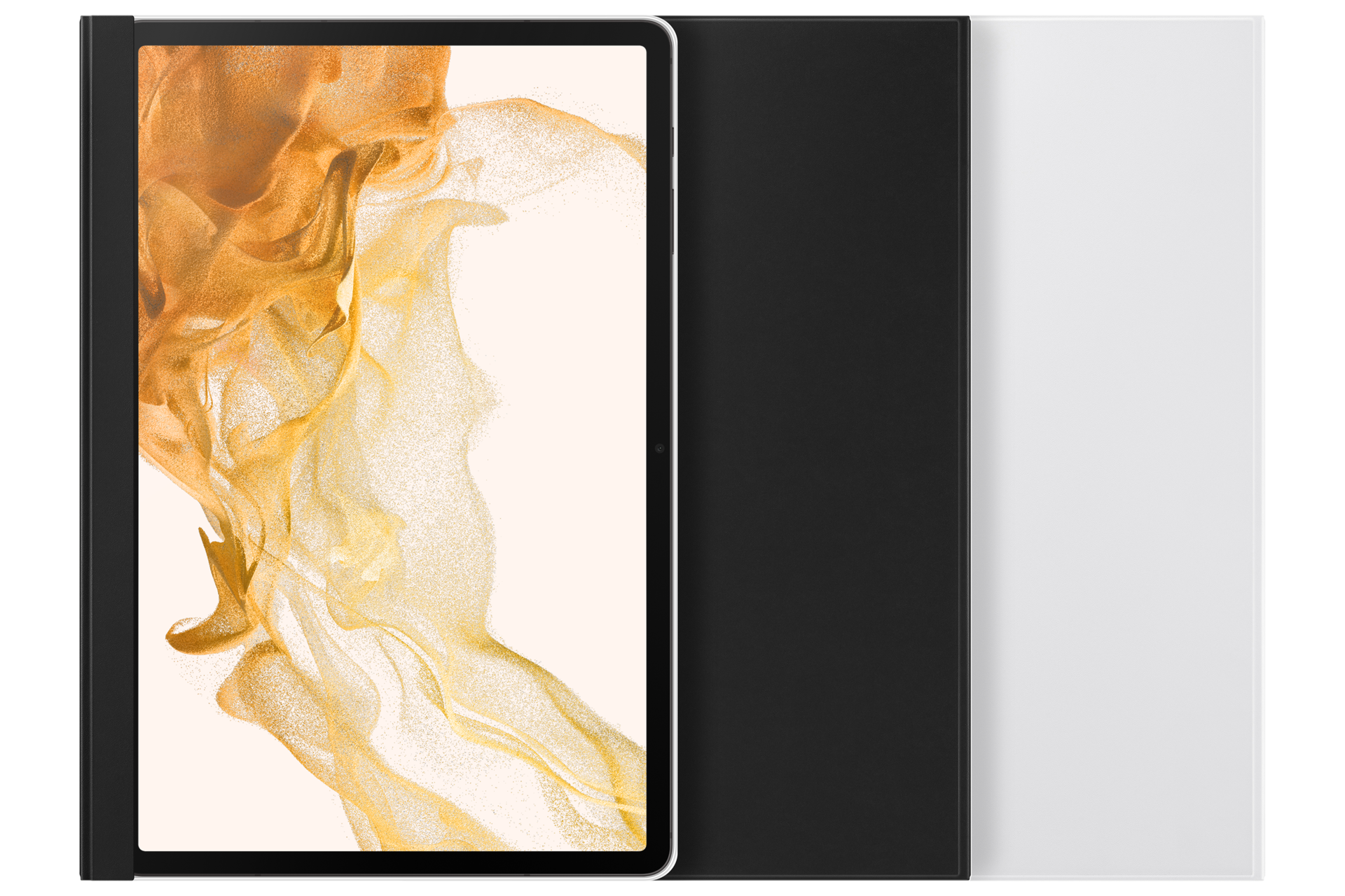 Tablet con arte astratto dorato sullo schermo, cover aperta, cover nere e bianche sul lato.