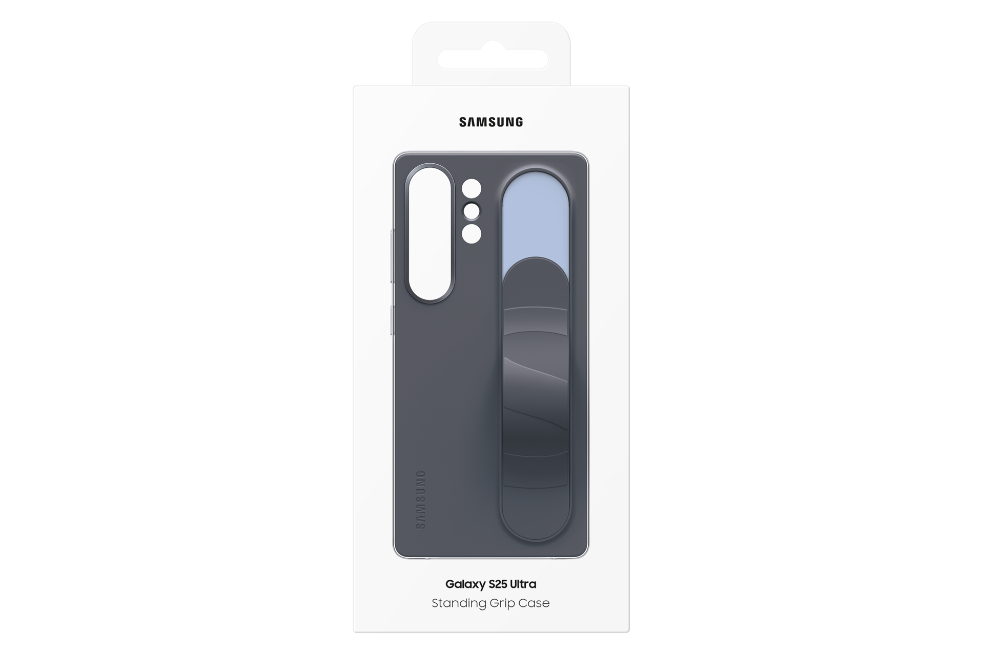 Samsung Galaxy S25 Ultra Standing Grip Case in einer Box. Es ist dunkelgrau mit einem hellblauen Abschnitt und einem Griff.