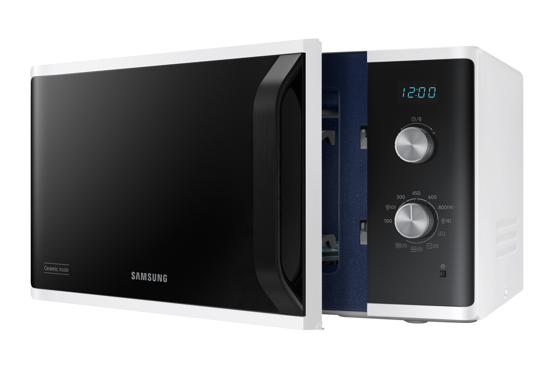 Biało-czarna kuchenka mikrofalowa Samsung z otwartymi drzwiami. Wyświetlacz pokazuje 12:00. Widoczne są pokrętła.
