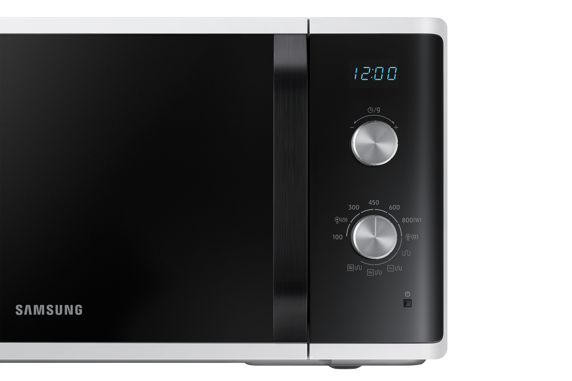 Zbliżenie czarno-białej kuchenki mikrofalowej Samsung. Pokazuje panel sterowania i wyświetlacz czasu.