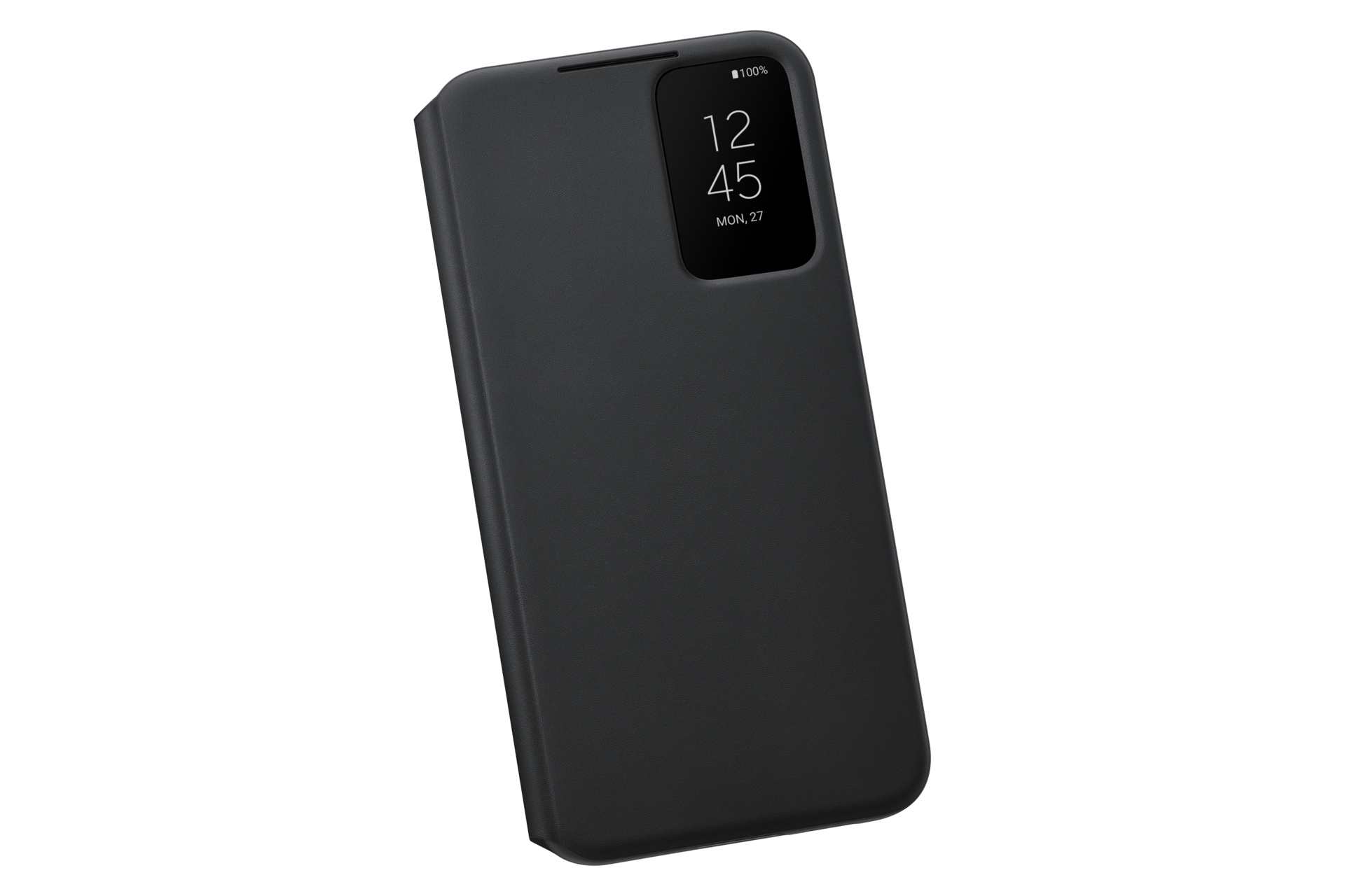 Una custodia nera per telefono con un display che mostra l'ora e la data. Lo sfondo è nero pieno.