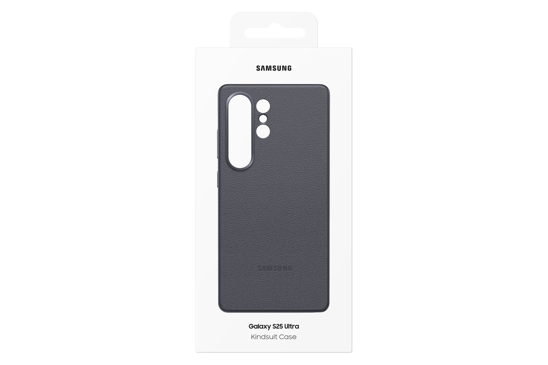 Una funda Samsung Galaxy S25 Ultra en una caja. La funda es gris oscuro y la caja blanca con el logo Samsung.