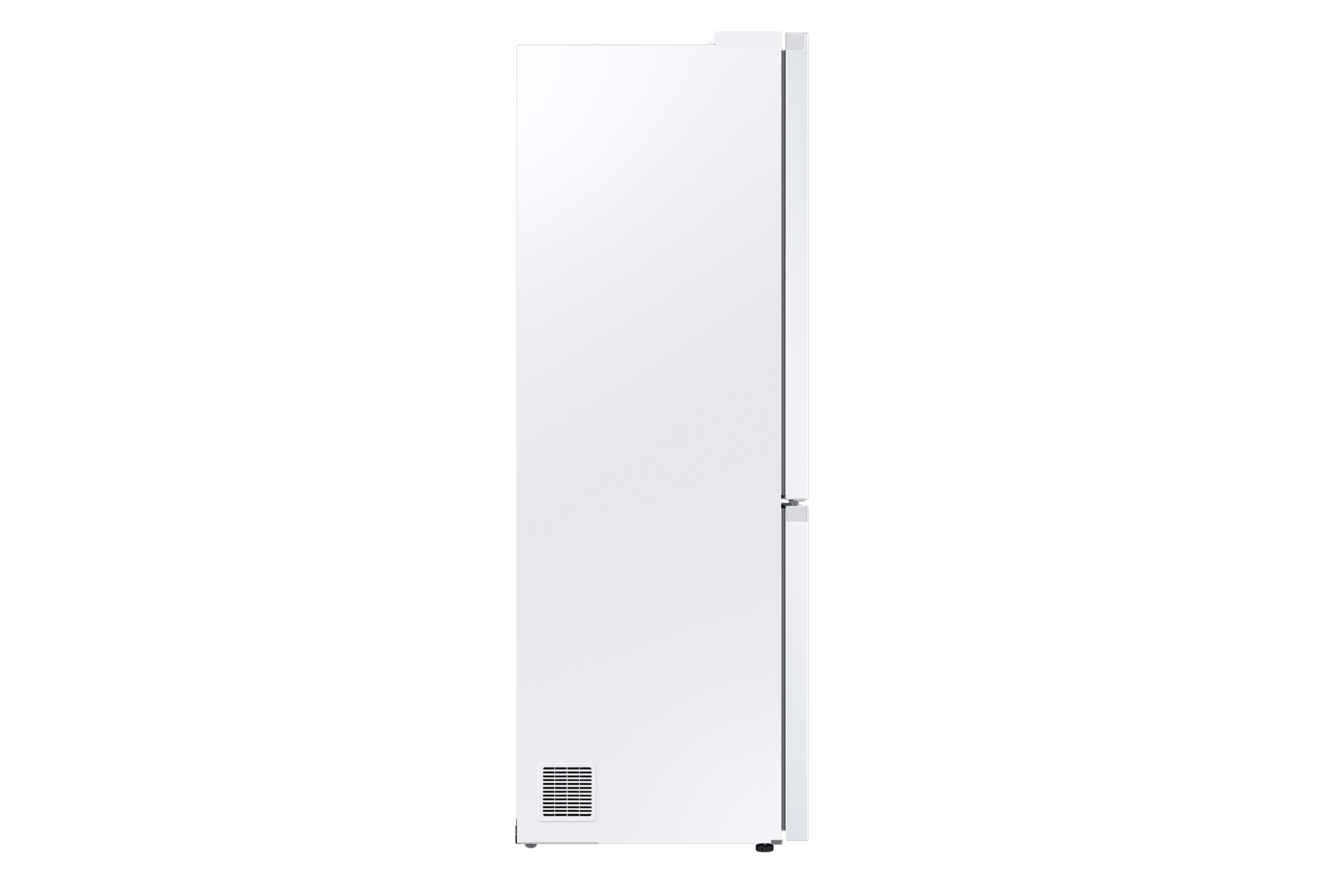 Ein weißer Kühlschrank vor schwarzem Hintergrund. Unten ist ein Lüfter und an der Seite ein Griff.