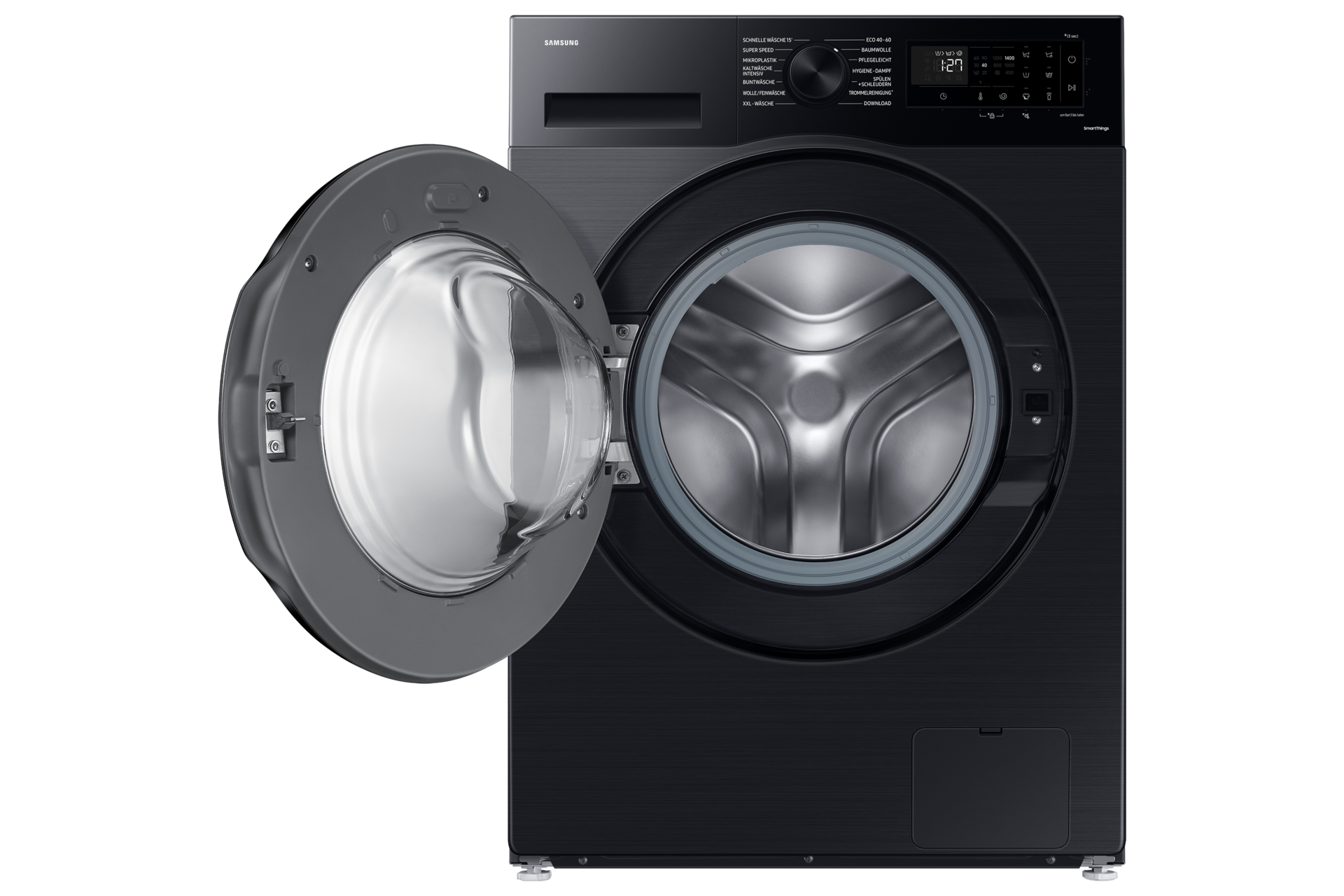 Eine schwarze Samsung Waschmaschine mit geöffneter Tür. Die Maschine hat ein Digitaldisplay und verschiedene Waschprogramme.