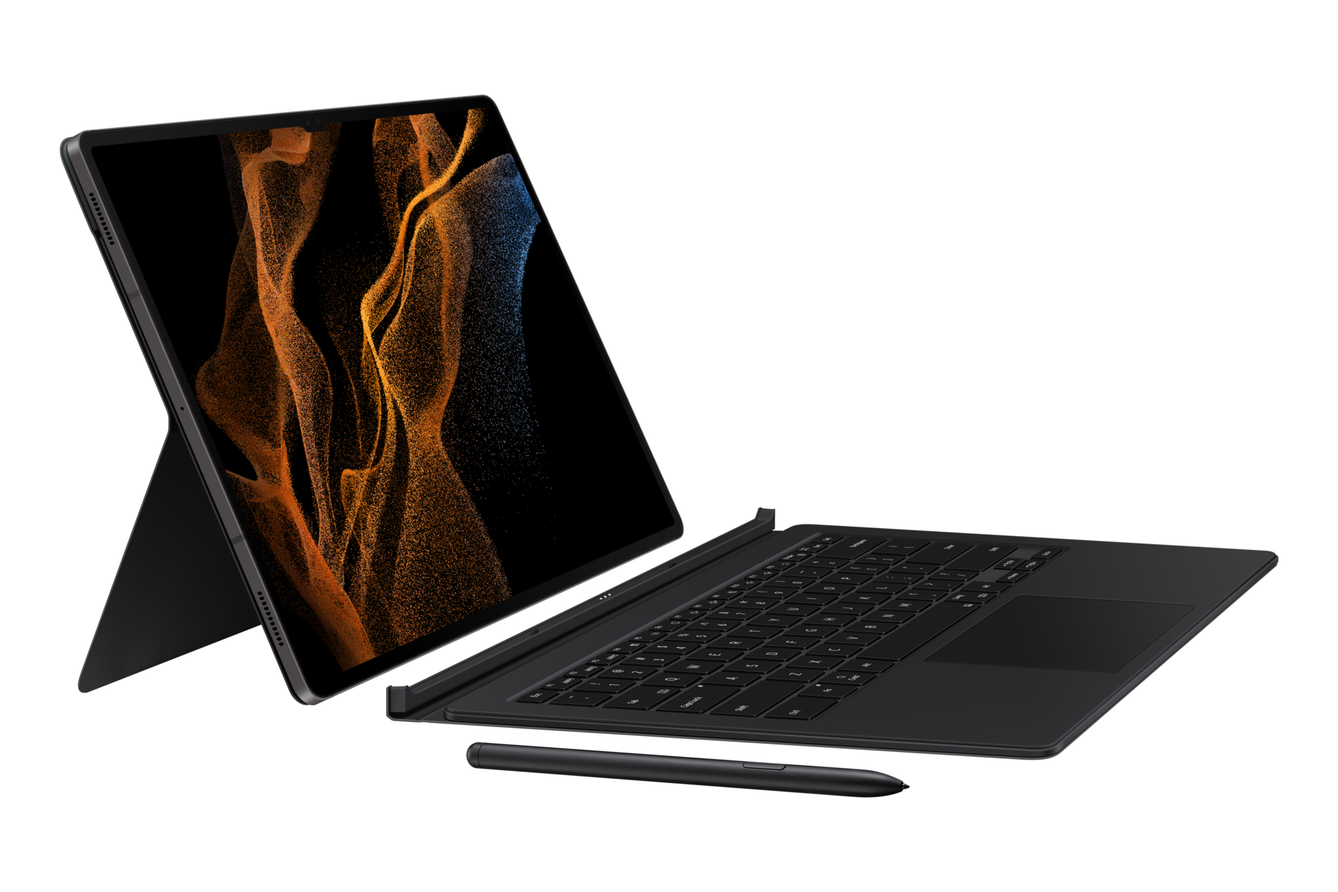 Ein schwarzes Tablet mit Tastatur und Stift wird gezeigt. Das Tablet zeigt orangefarbene und blaue abstrakte Kunst. Alles auf schwarzem Hintergrund.