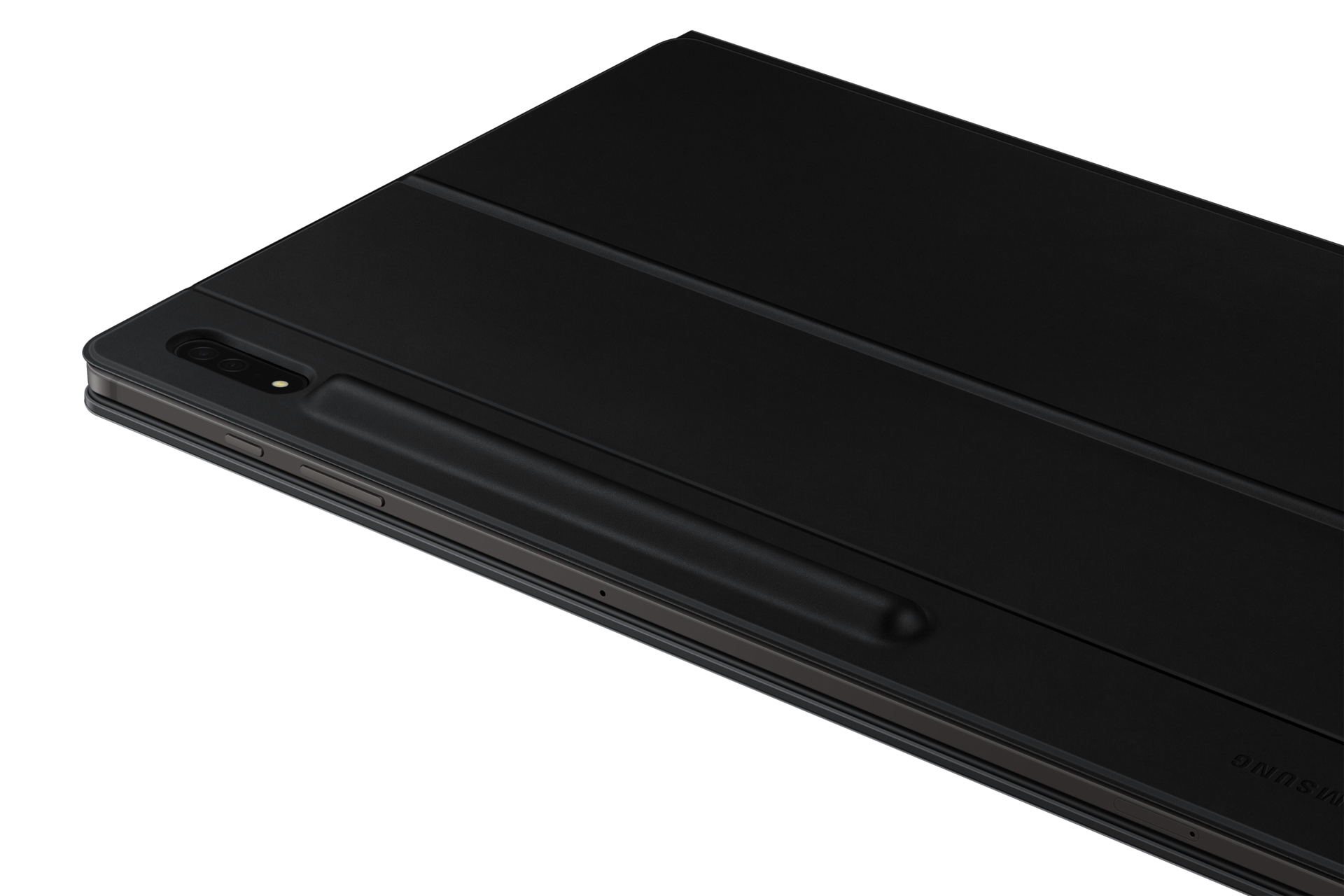 Schwarzes Tablet mit schwarzer Hülle und Stifthalter. Das Tablet befindet sich auf schwarzem Hintergrund. Samsung-Logo sichtbar.