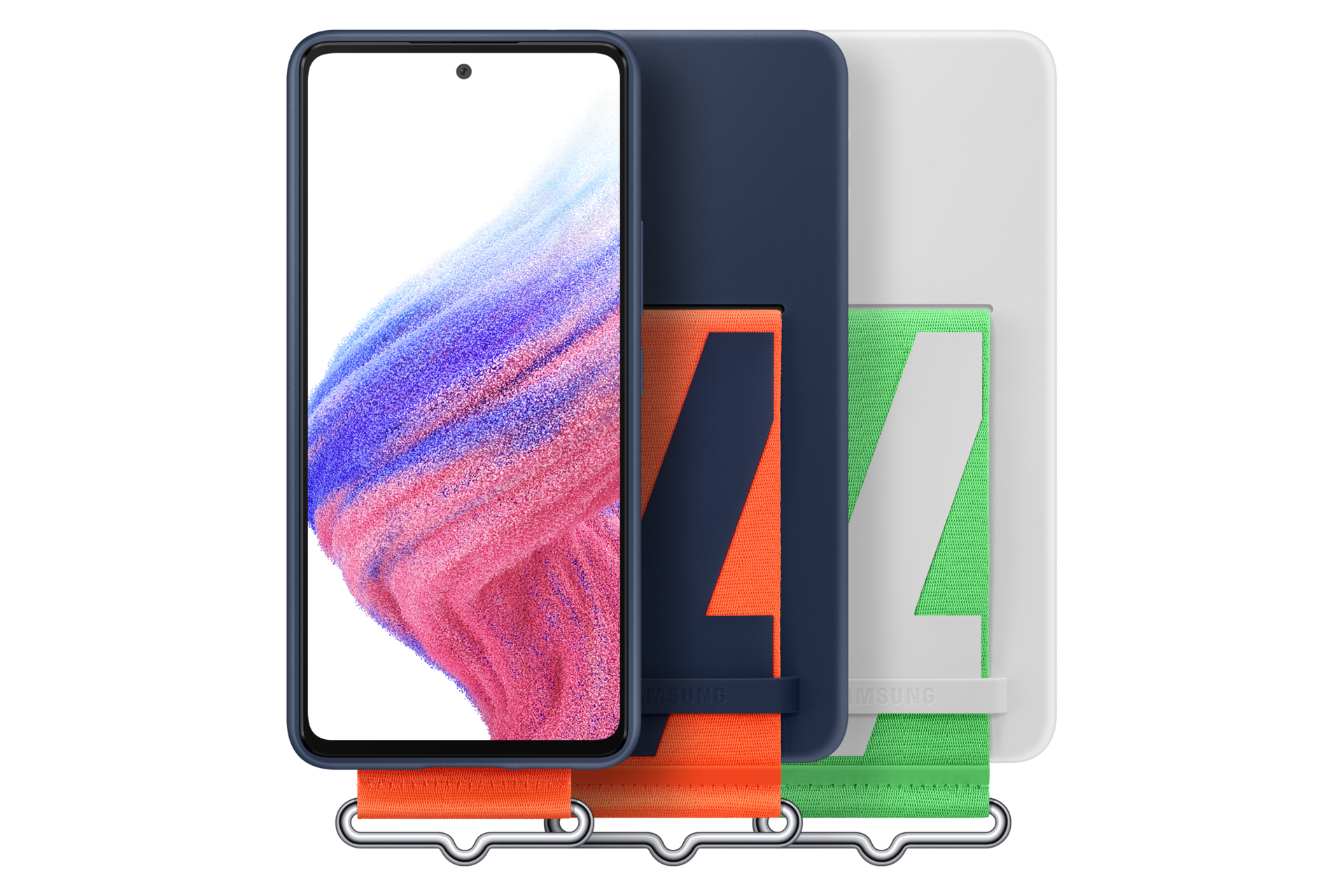 Ein Smartphone in einer blauen Hülle, neben Hüllen mit orangefarbenen, grünen und weißen Trägern. Die Träger haben große Zahlen.