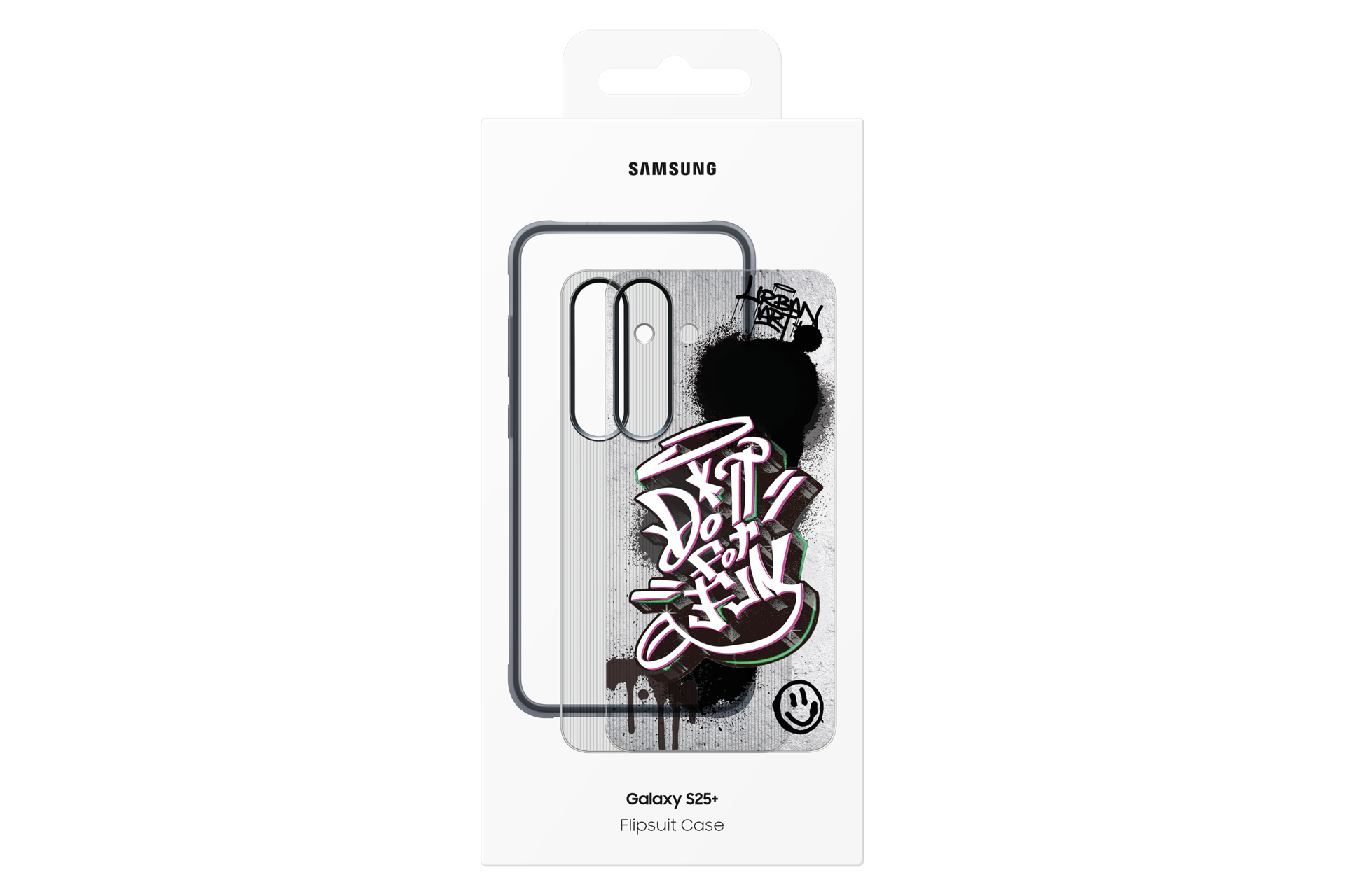Samsung-Handyhülle in einer Box. Graffiti-Kunst-Design. Schwarzer Hintergrund mit weißem und pinkfarbenem Text.