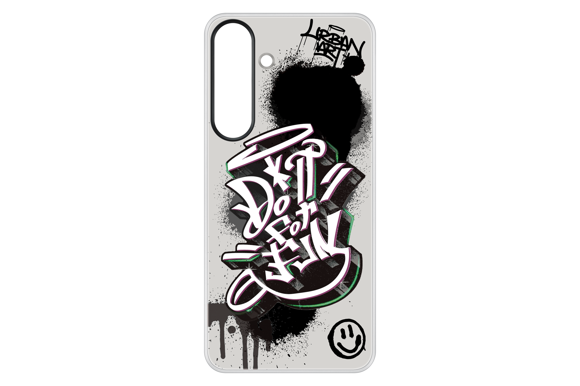 Handyhülle mit Graffiti-Kunst. Der Text lautet "Do it for fun". Schwarz-weißes Design mit Spritzern und einem Smiley.